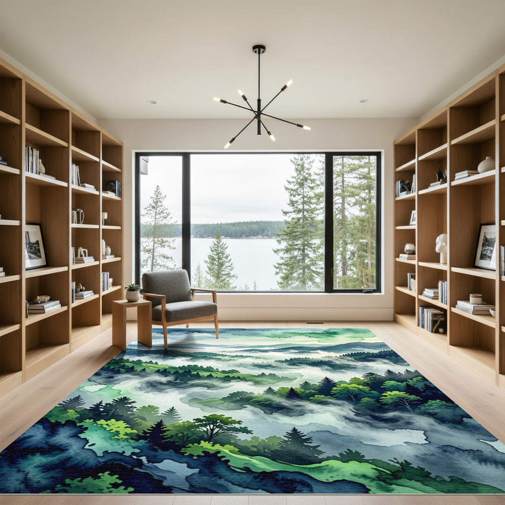 Ethereal Misty Forest Mountain Landscape Rug