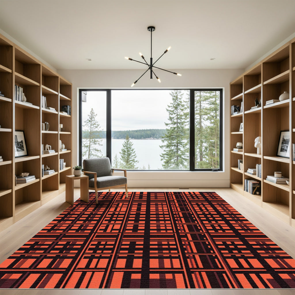 Crimson Plaid Geometric Lattice Rug