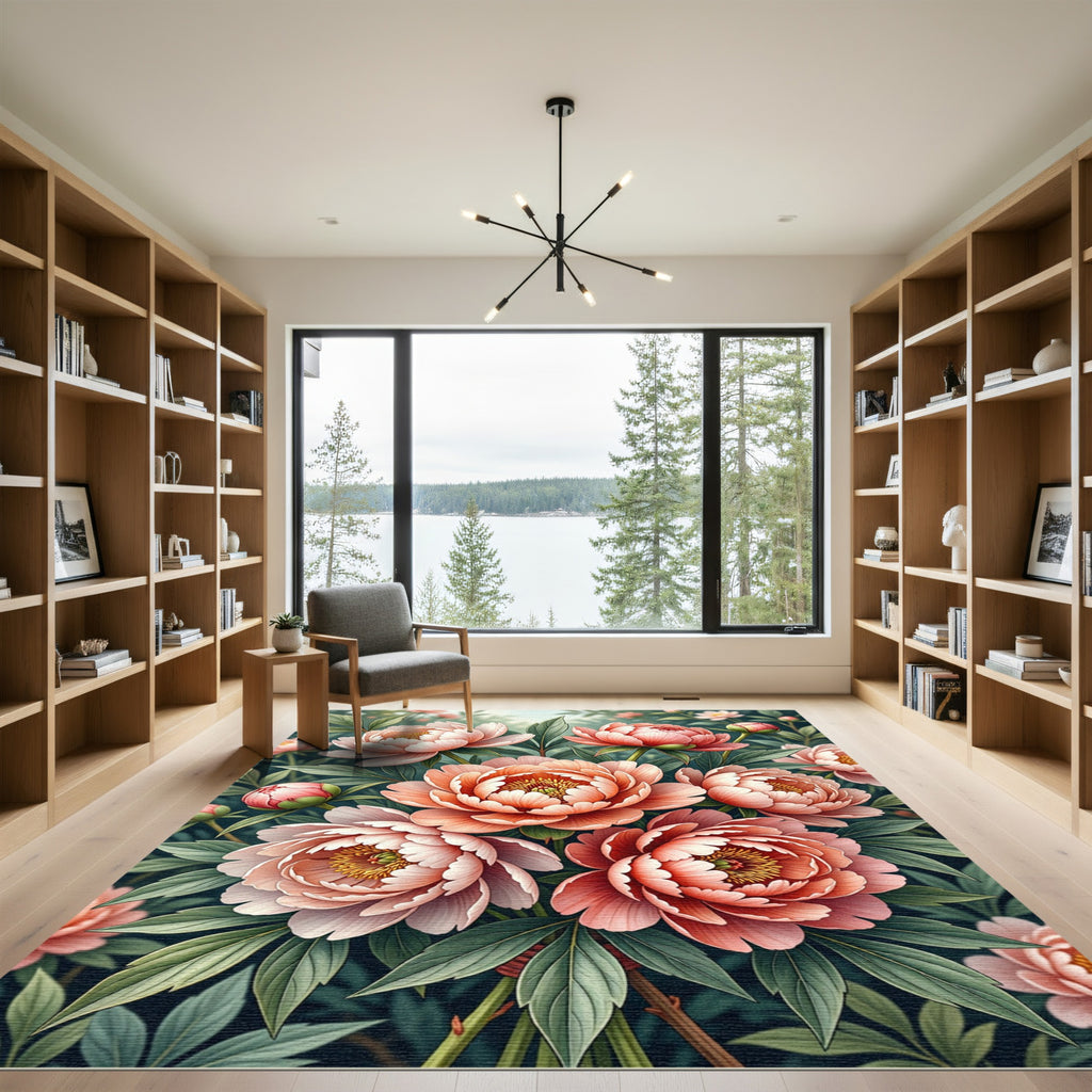 Coral Pink Peony Garden Arrangement Rug