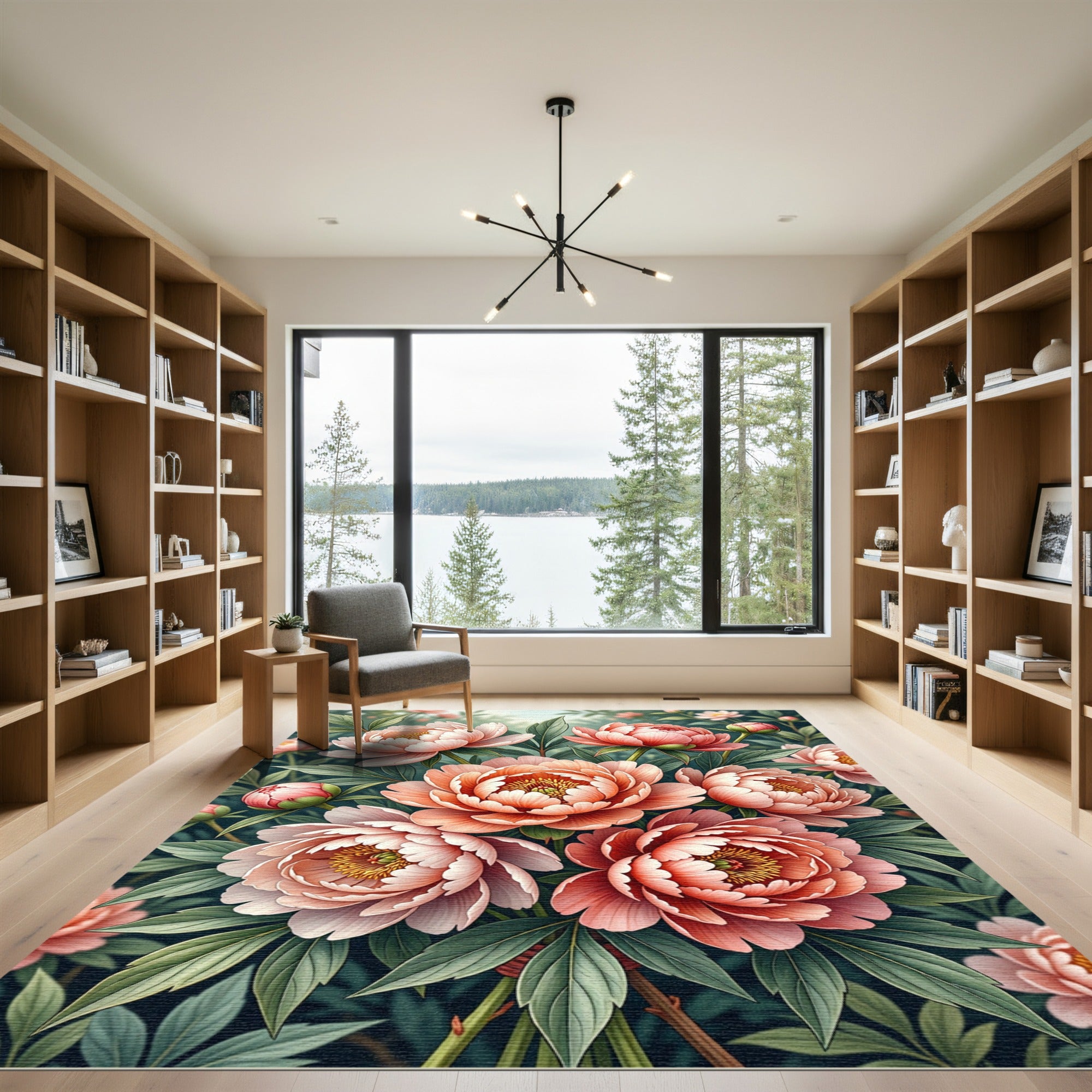 Coral Pink Peony Garden Arrangement Rug