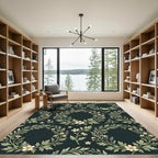 Elegant Cream Floral Wreath Charcoal Rug