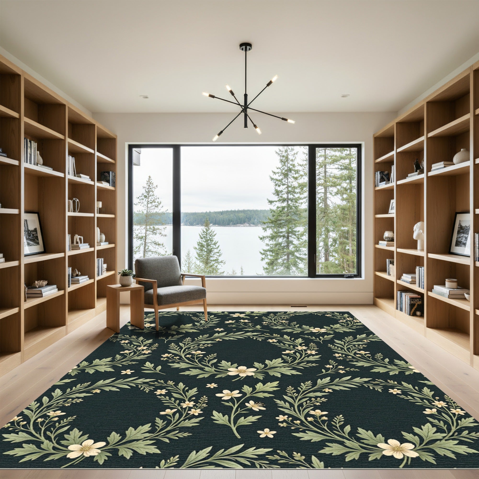 Elegant Cream Floral Wreath Charcoal Rug