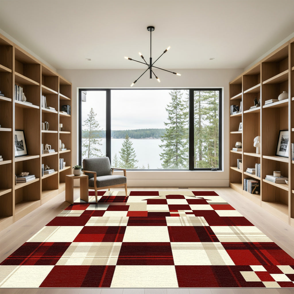 Modern Geometric Burgundy Checkered House Rug