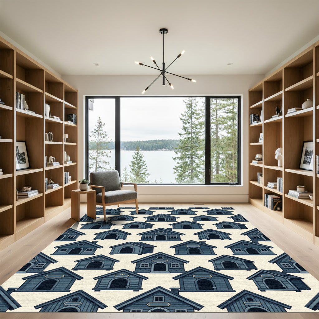 Dark Blue Whimsical Cabin Cottage Wallpaper Rug