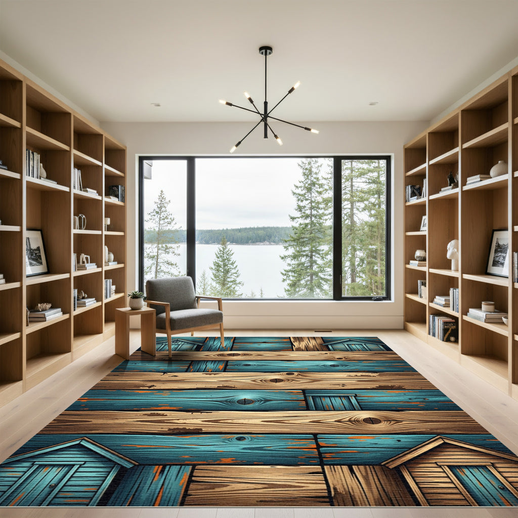 Rustic Blue Wood Plank Cabin Rug