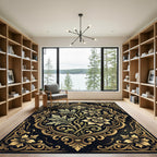Ornate Gold Floral Black Damask Rug