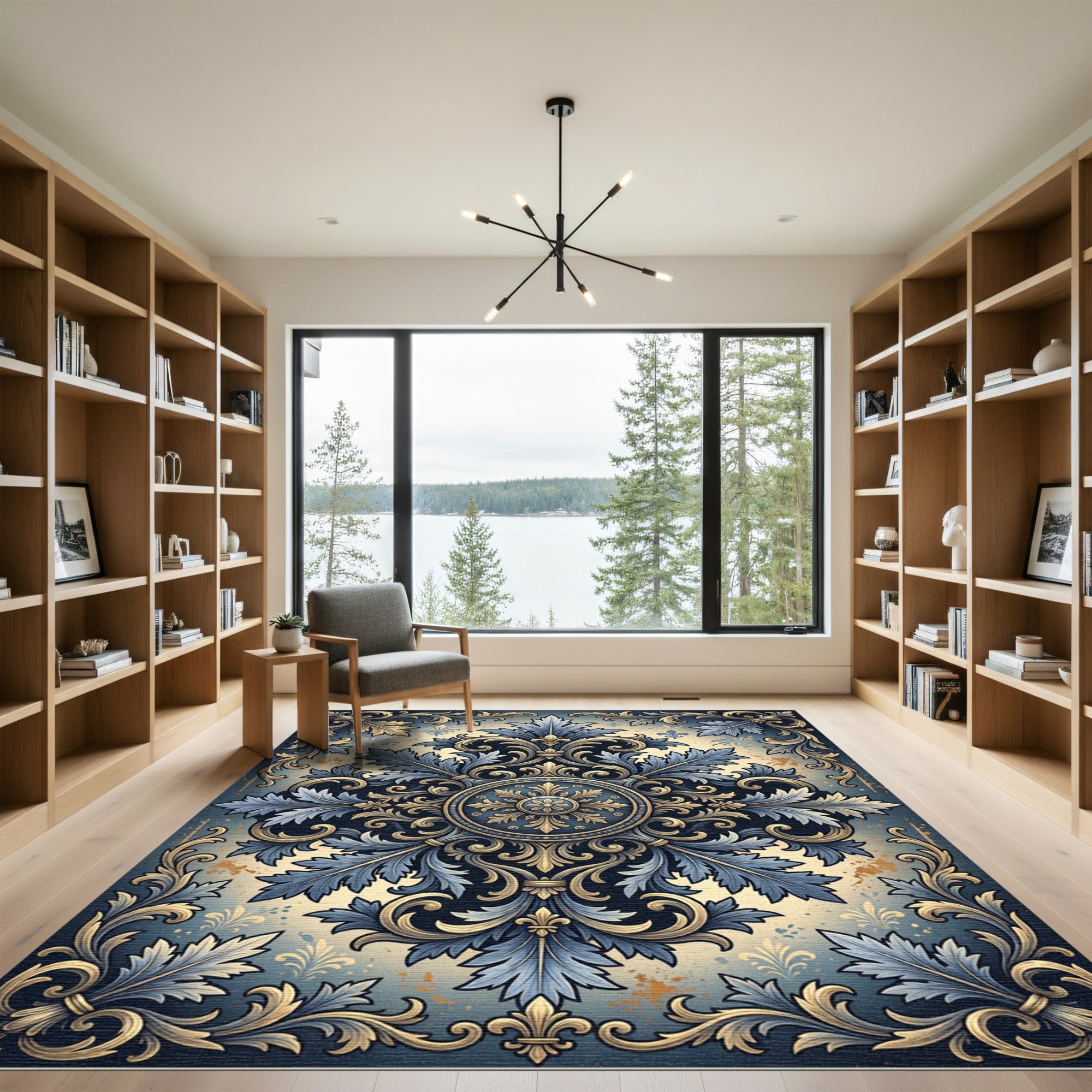 Ornate Blue and Gold Floral Damask Rug