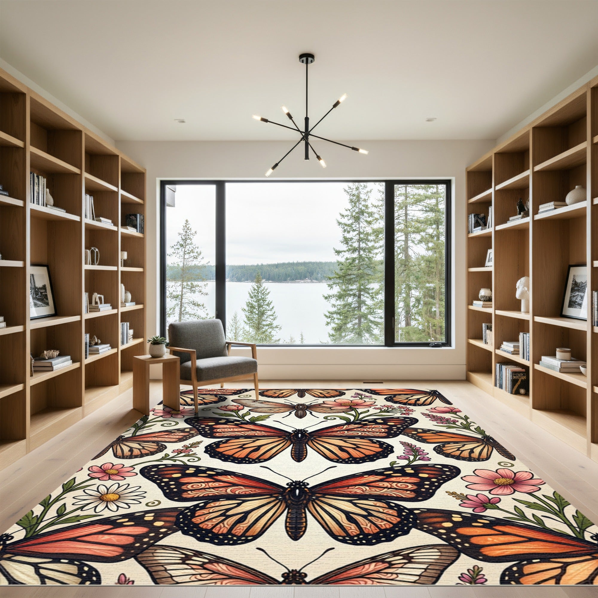 Whimsical Orange Butterfly Garden Meadow Rug