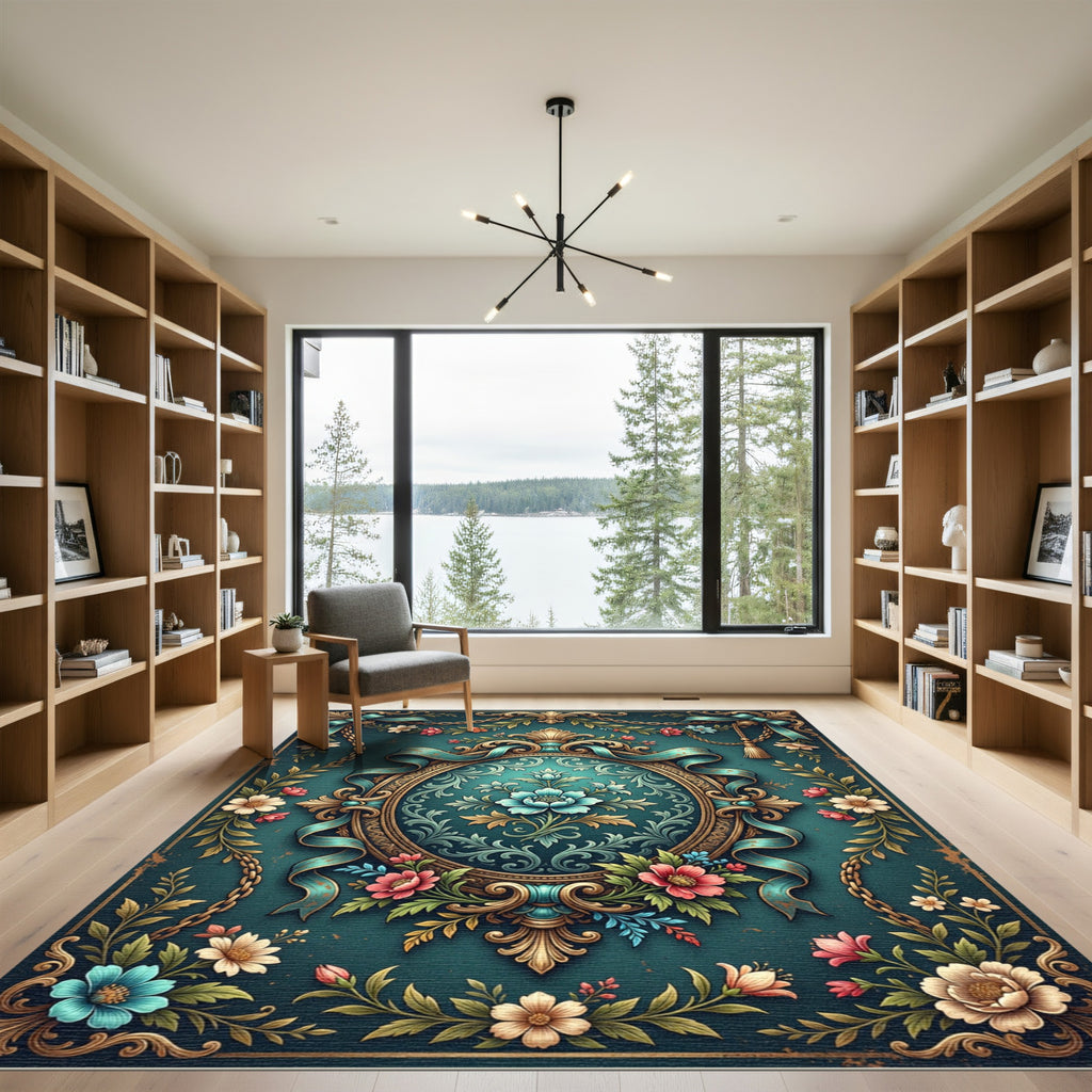 Ornate Teal Floral Rococo Medallion Rug