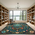 Ornate Teal Floral Rococo Medallion Rug