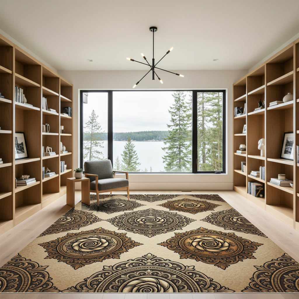Ornate Golden Rose Medallion Rug