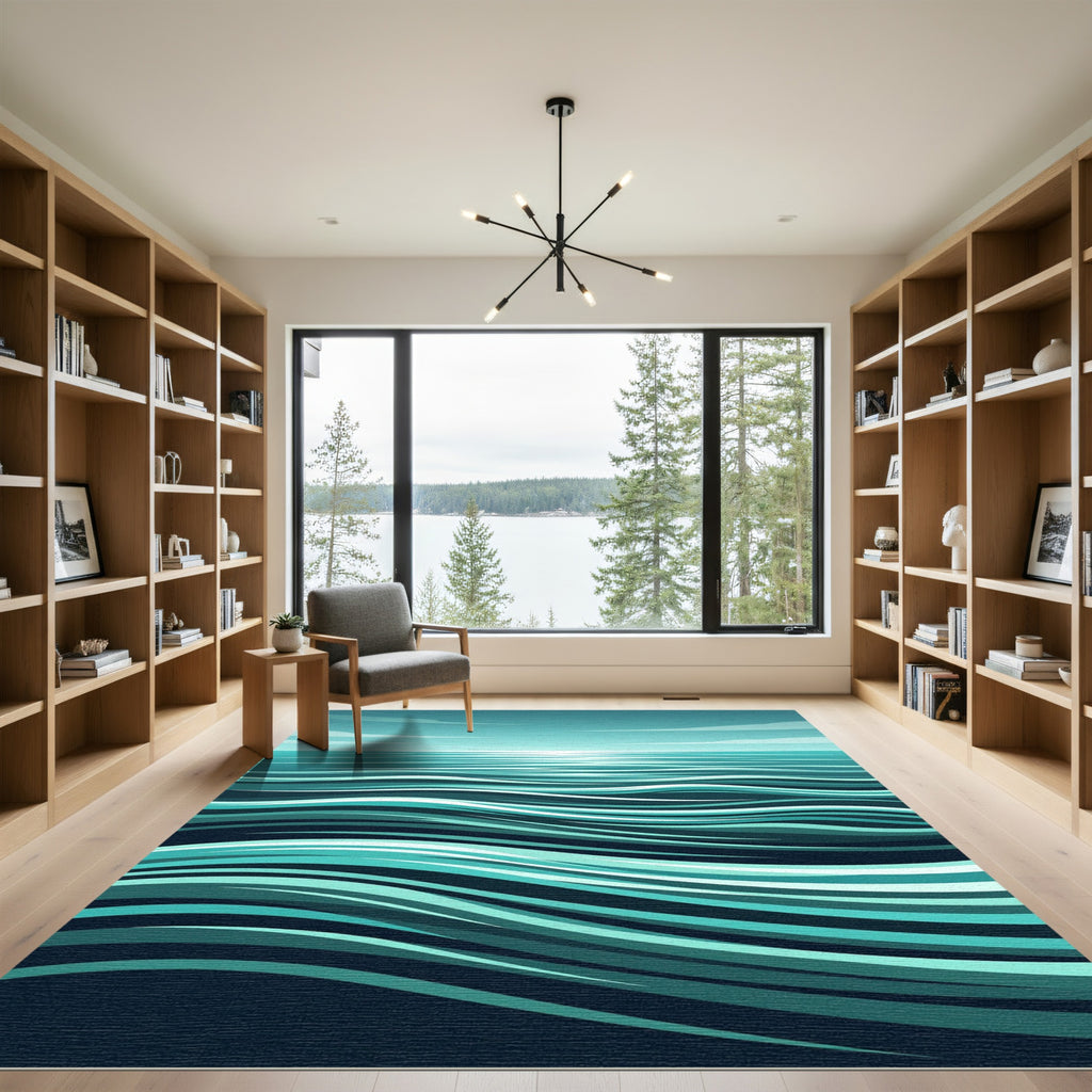 Serene Teal Abstract Ocean Wave Rug