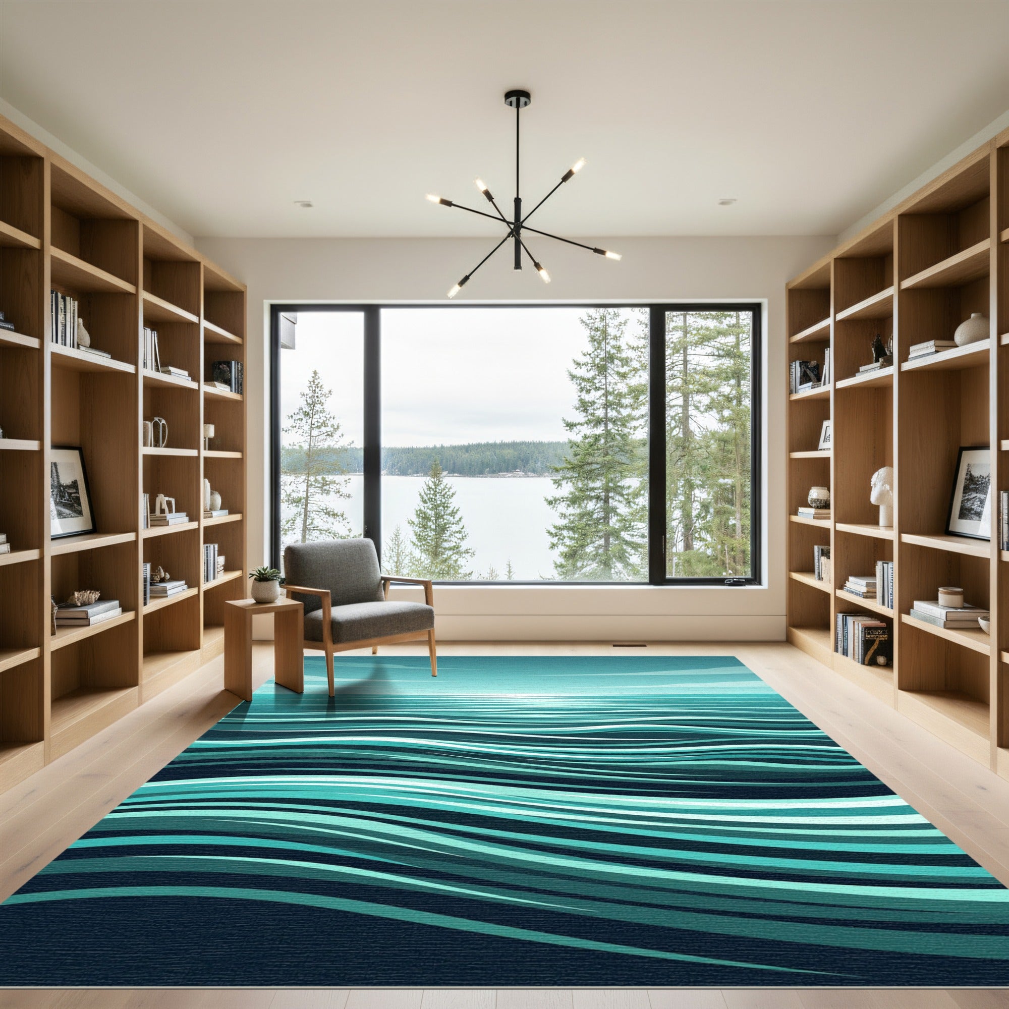 Serene Teal Abstract Ocean Wave Rug