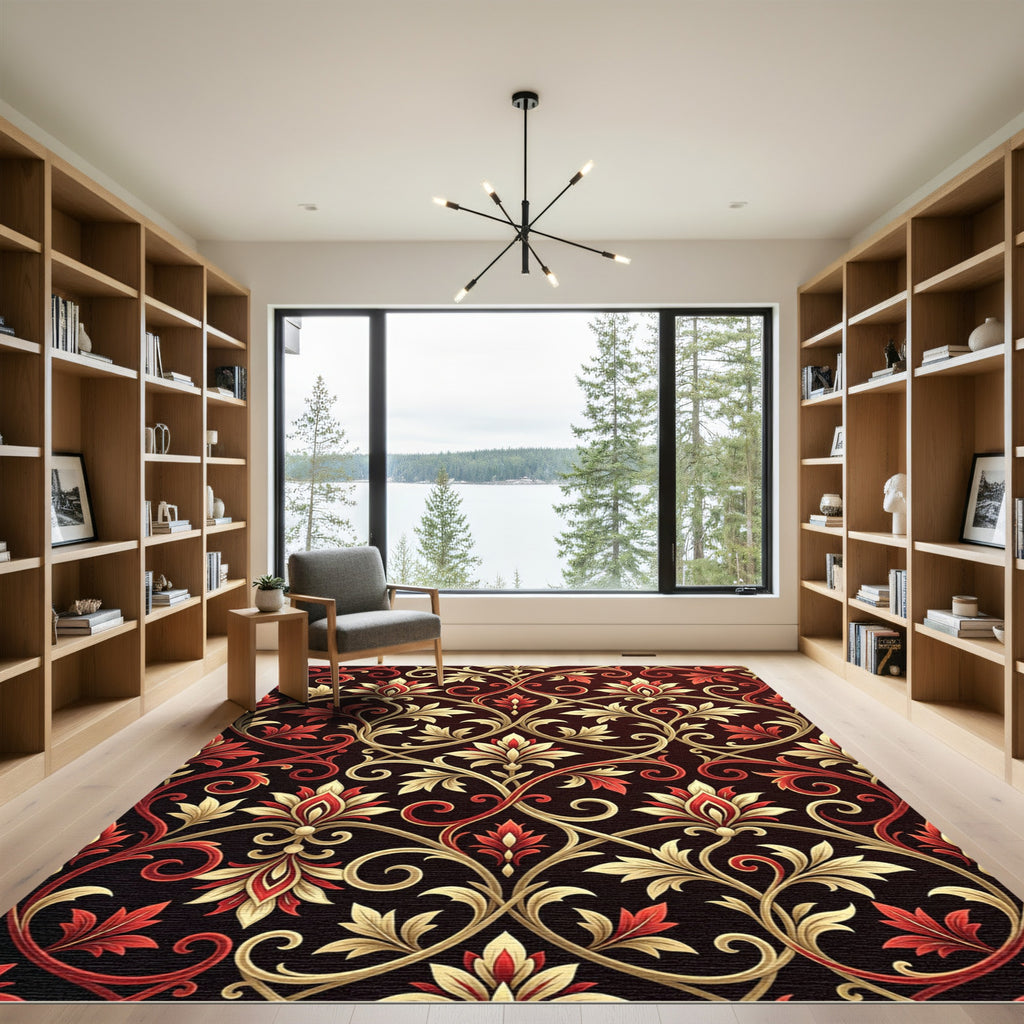 Rich Red Gold Floral Scrollwork Arrangement Rug