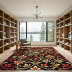 Rich Red Gold Floral Scrollwork Arrangement Rug
