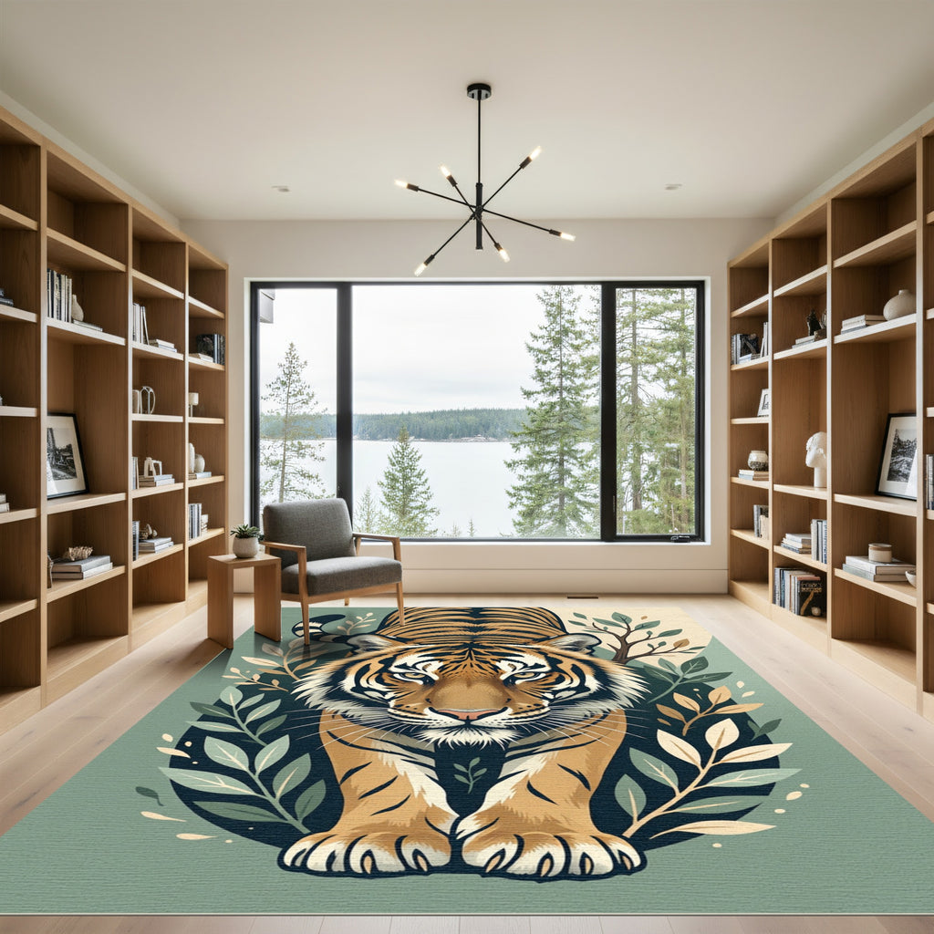 Bold Tiger With Green Foliage Rug