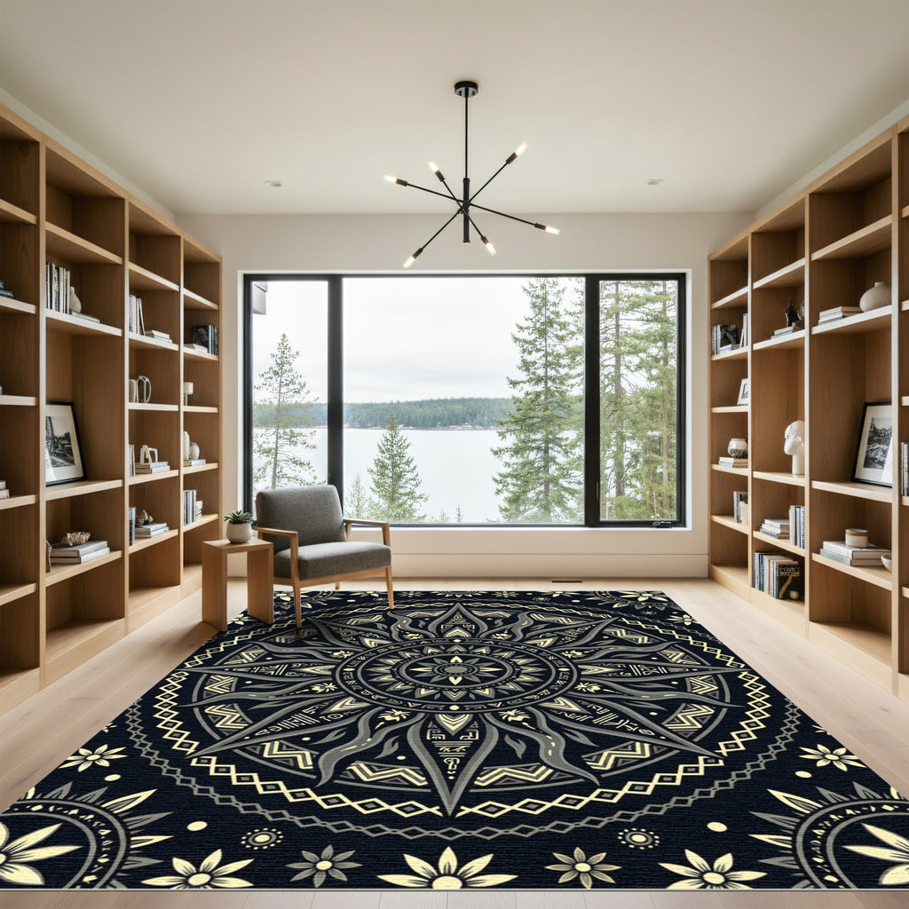 Mystic Celestial Black Gold Sun Medallion Rug