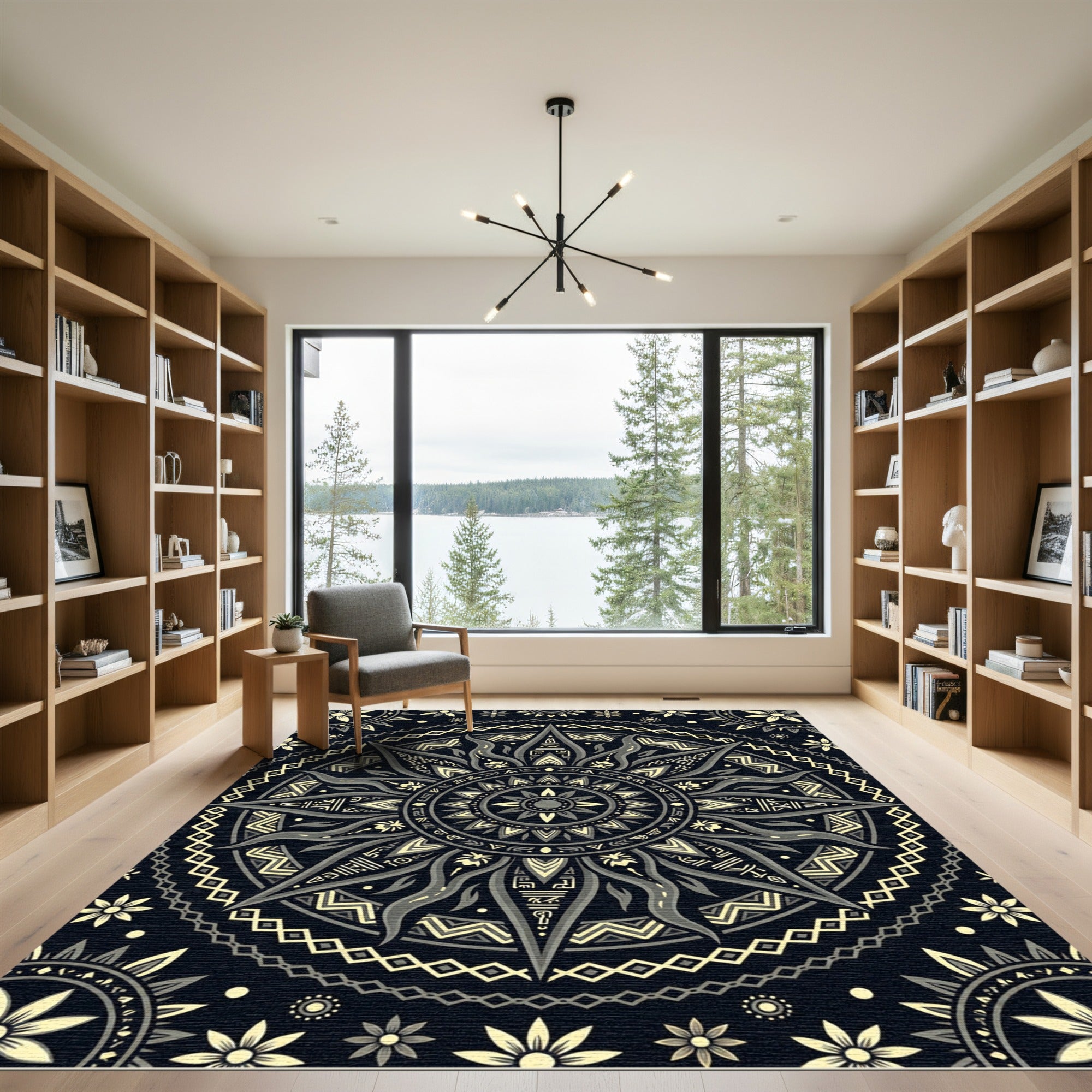 Mystic Celestial Black Gold Sun Medallion Rug