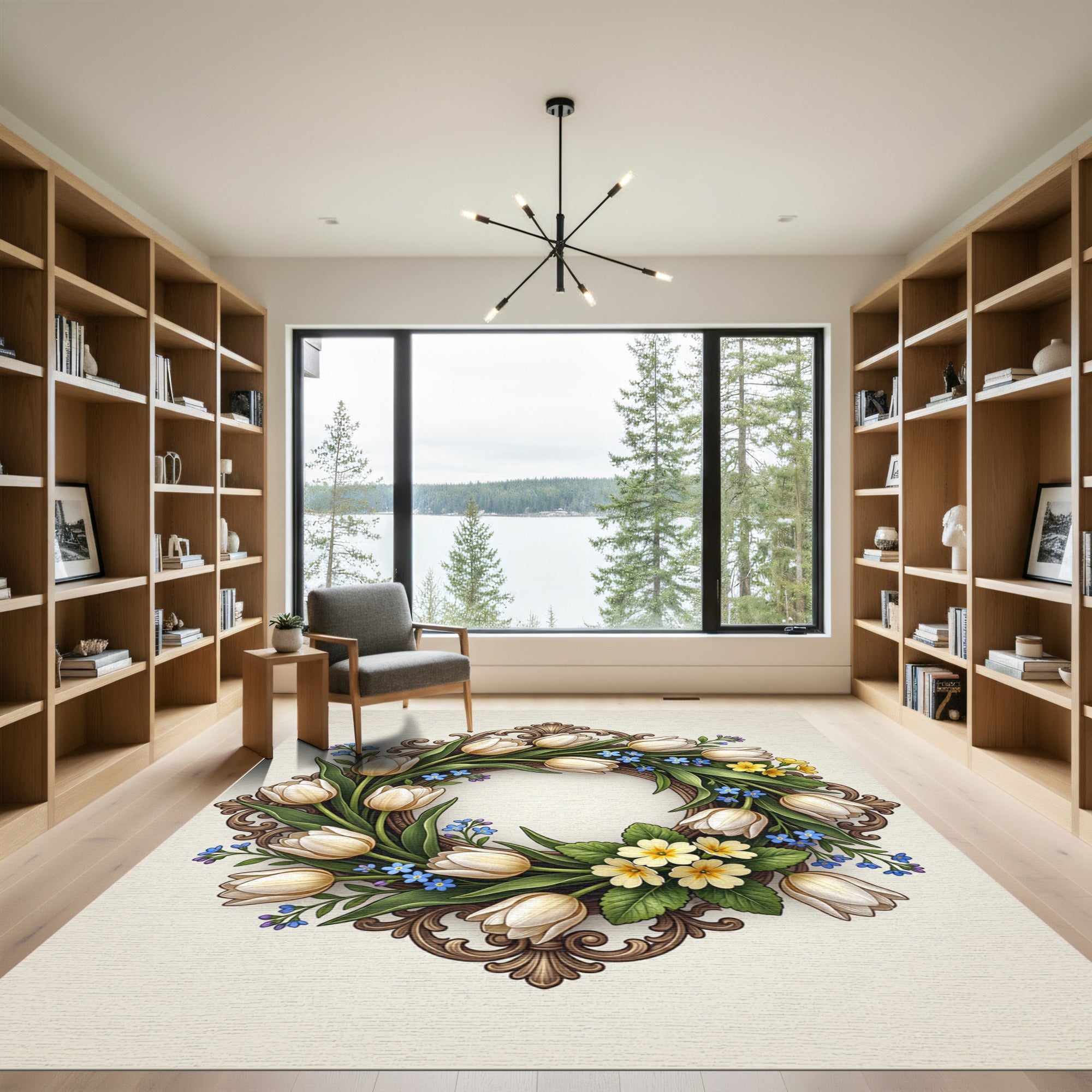 Cream Tulip and Primrose Oval Wreath Rug