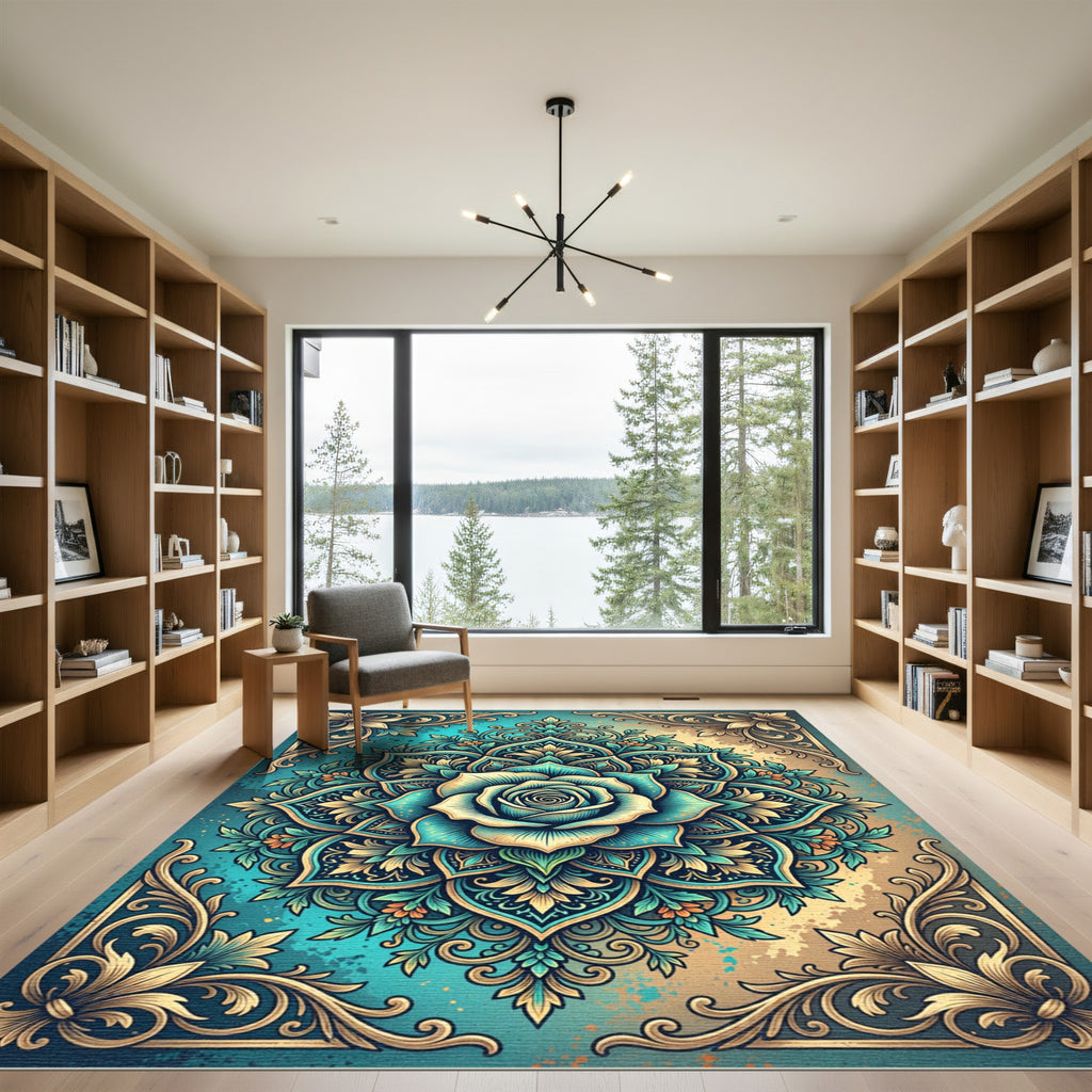 Teal Gold Floral Mandala Rose Rug
