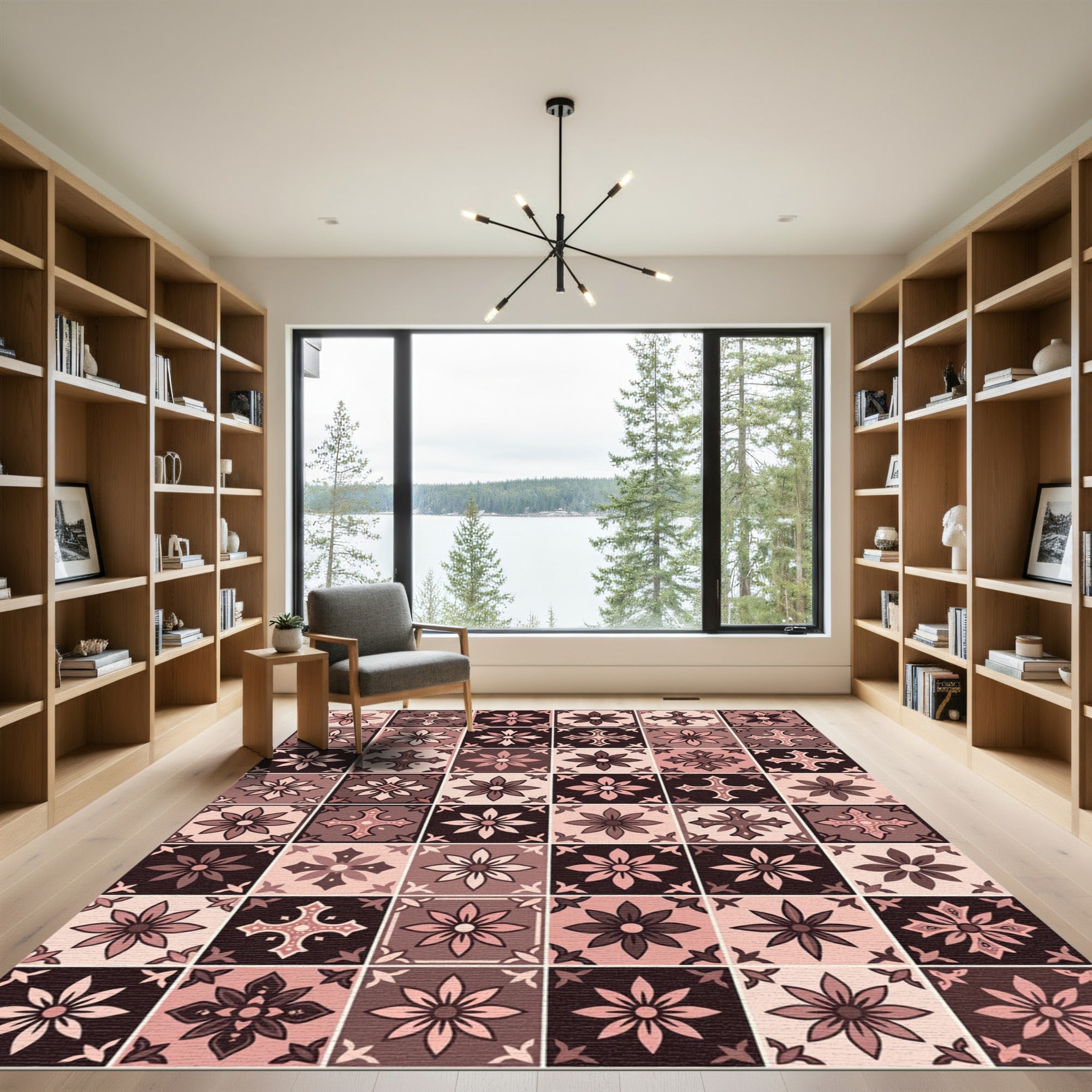 Blush and Chocolate Floral Tile Grid Rug