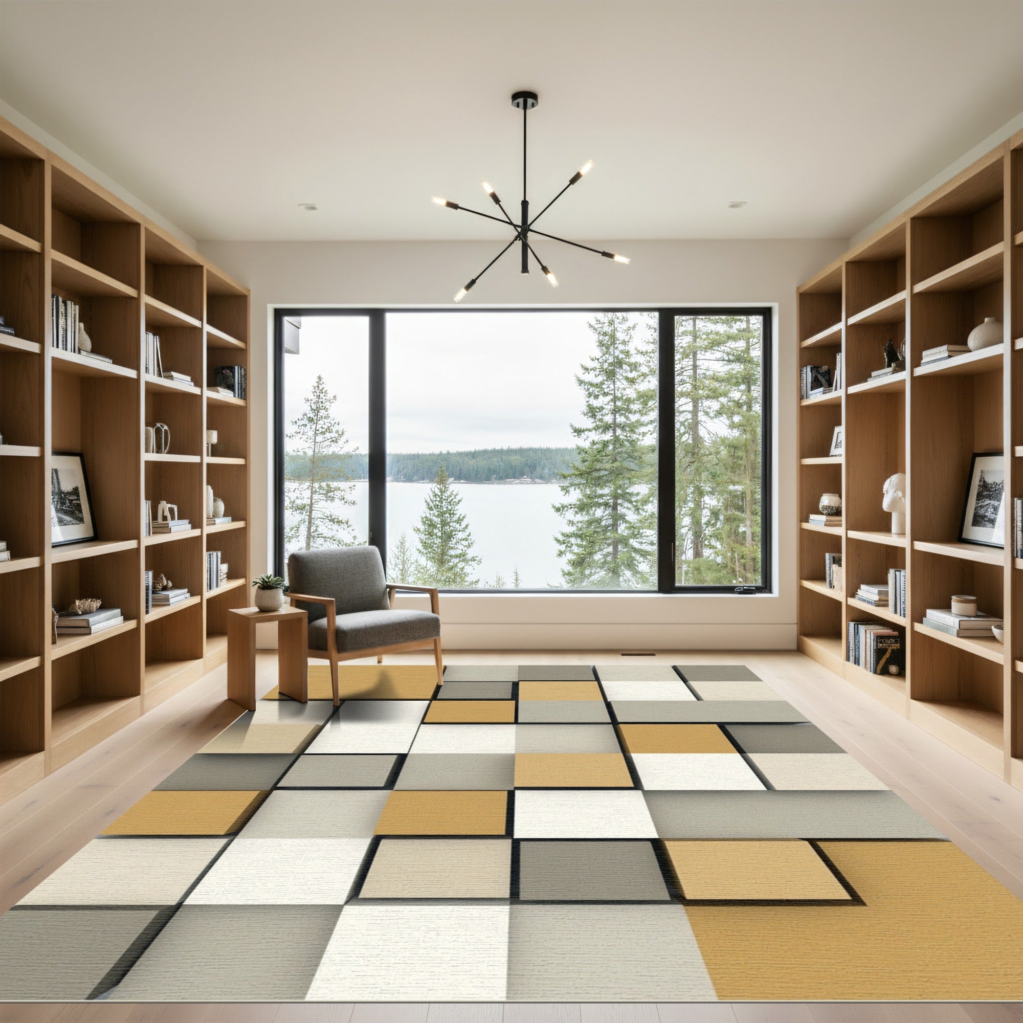 Geometric Cubes Mustard Grey White Rug