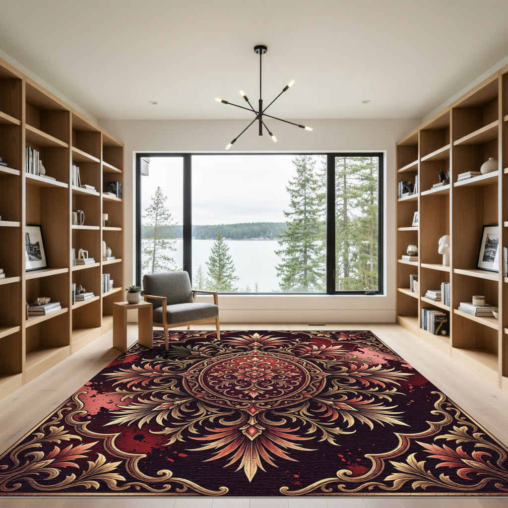 Ornate Crimson Damask Gold Medallion Rug