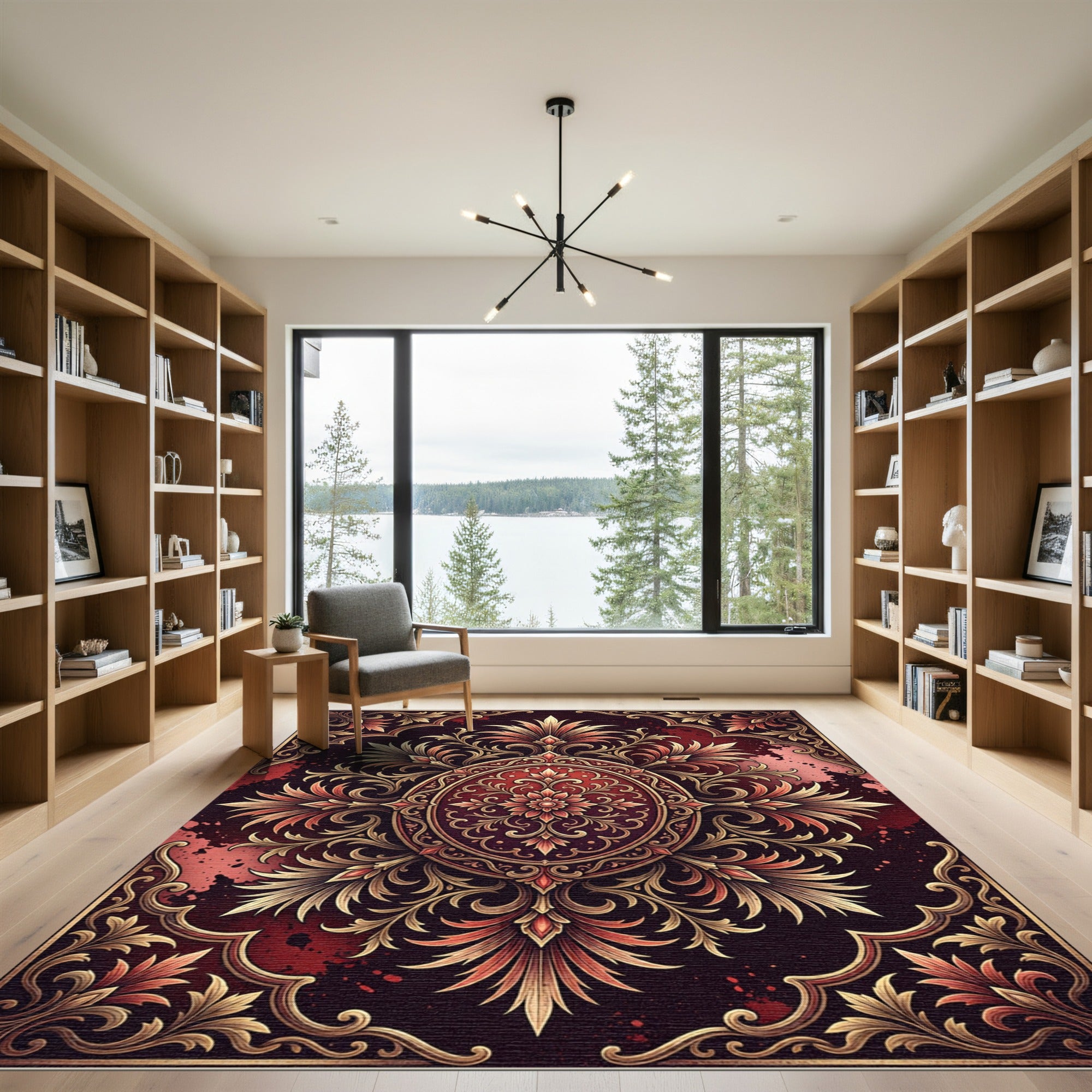 Ornate Crimson Damask Gold Medallion Rug