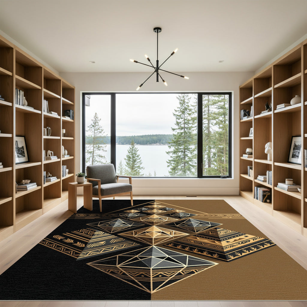 Geometric Golden Black Abstract Pyramid Rug