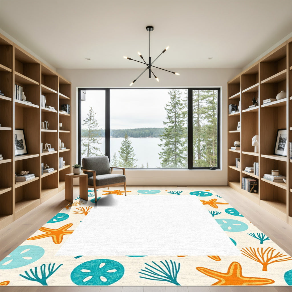Coastal Orange Starfish Teal Sand Dollar Rug