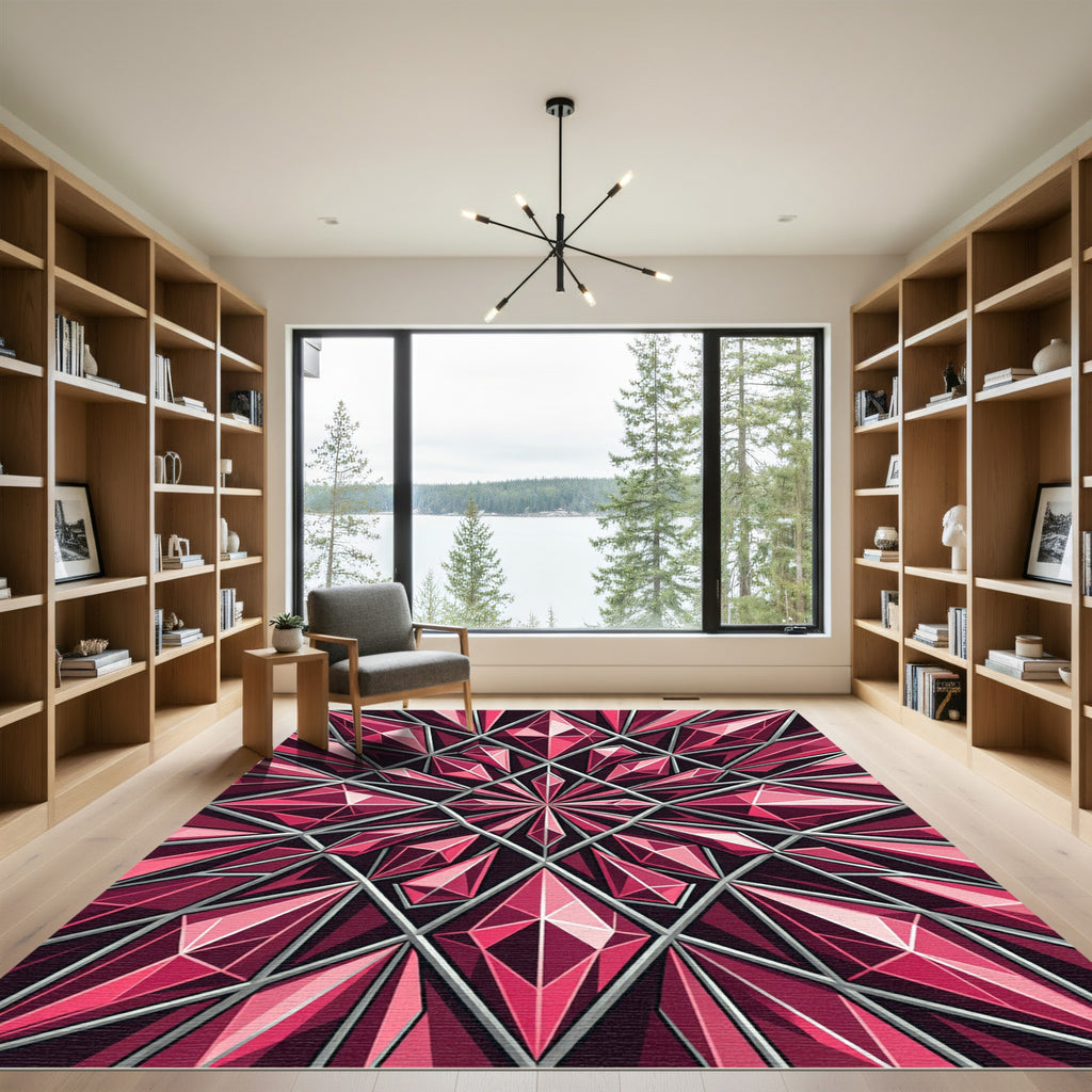 Faceted Ruby Gemstone Geometric Mosaic Rug
