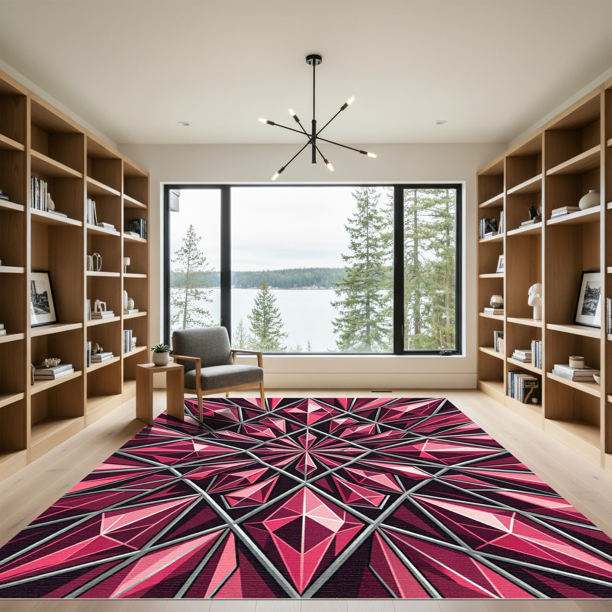 Faceted Ruby Gemstone Geometric Mosaic Rug