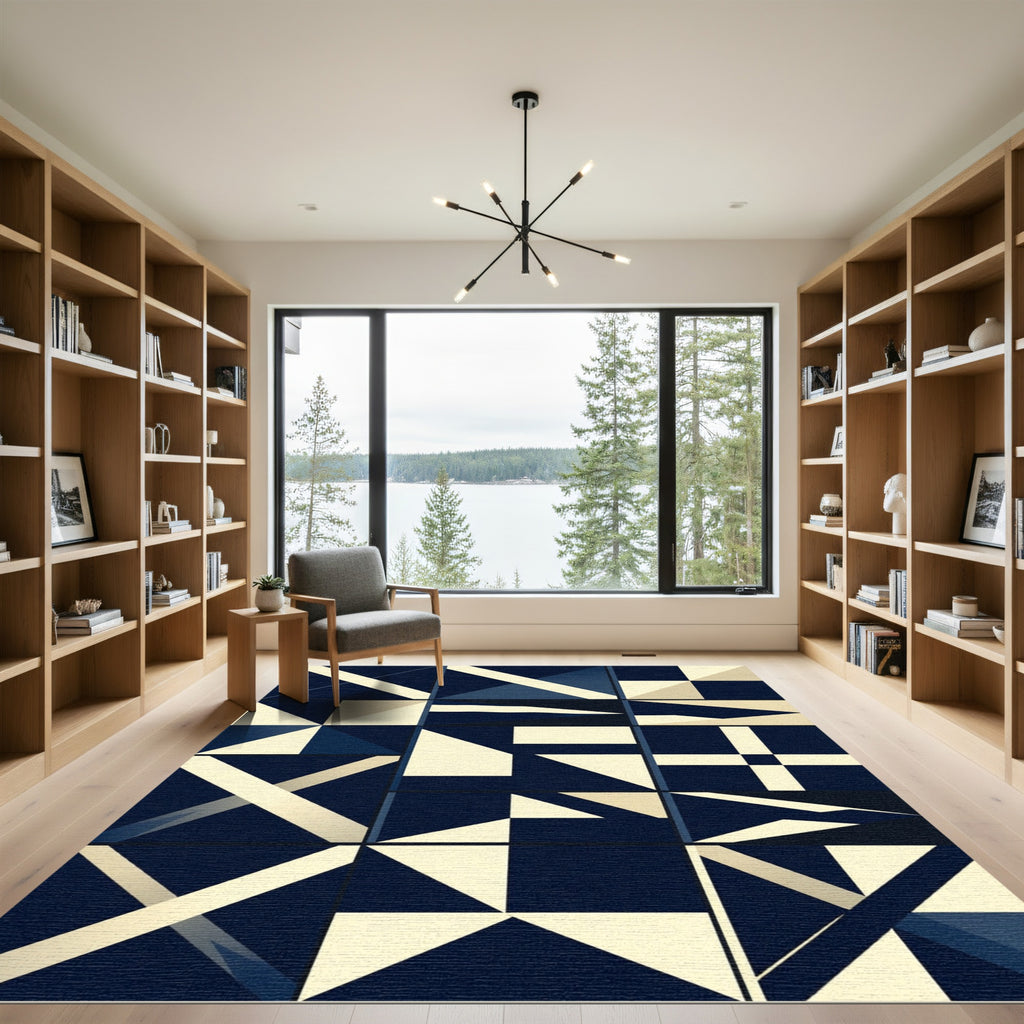Midnight Blue Geometric Grid Rug