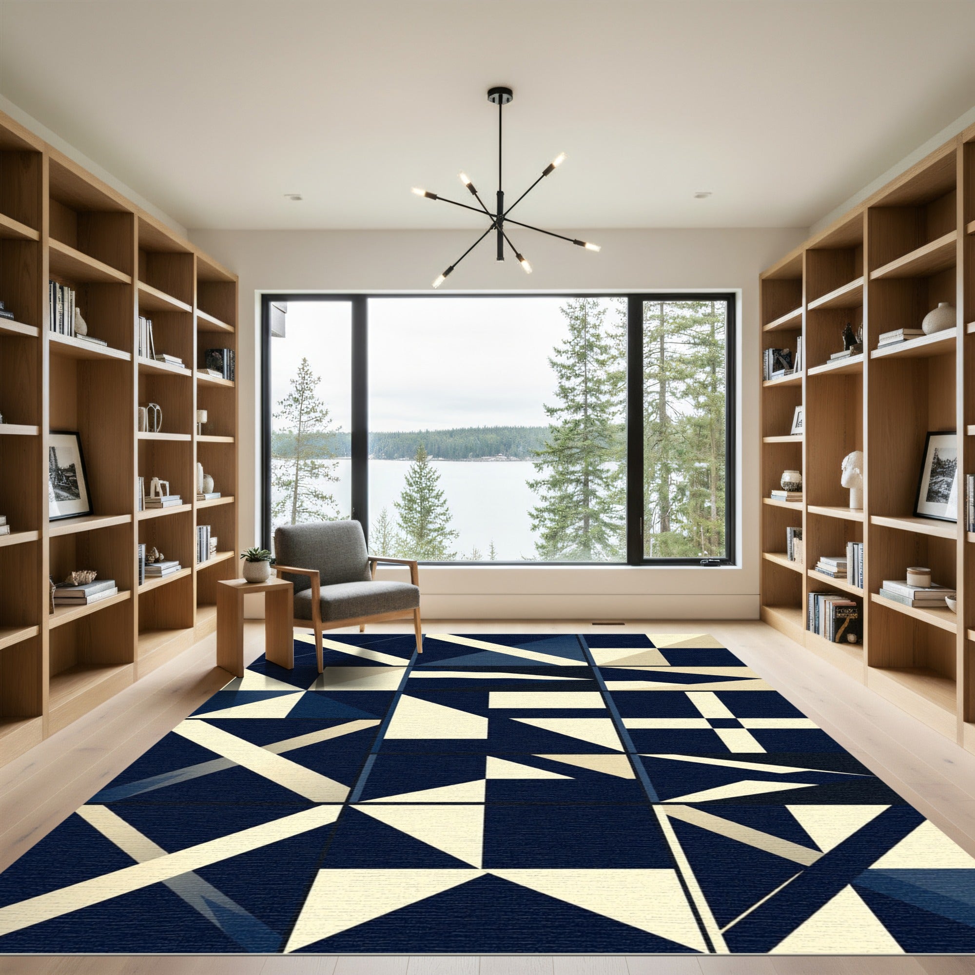 Midnight Blue Geometric Grid Rug
