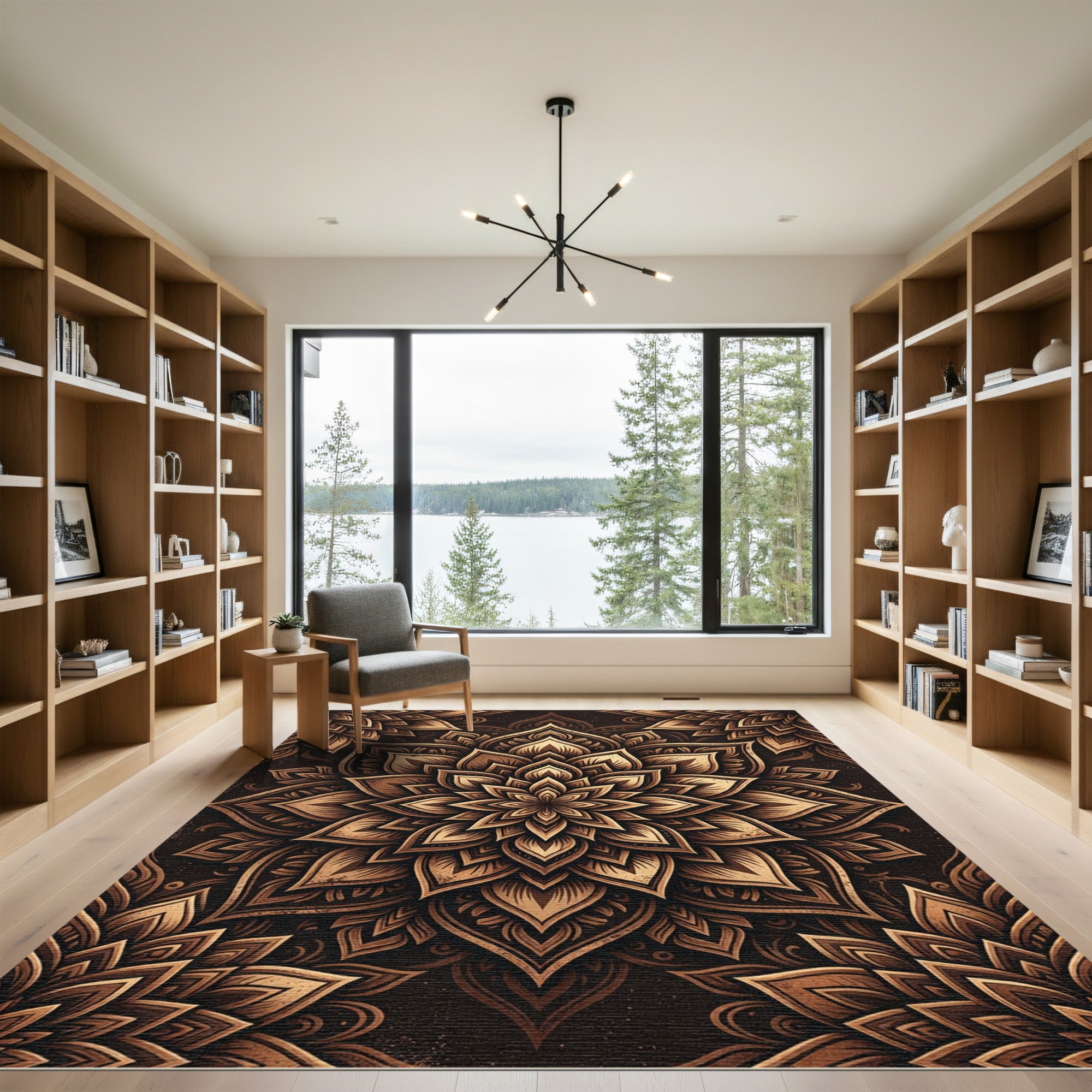 Detailed Gold Bronze Layered Lotus Medallion Rug
