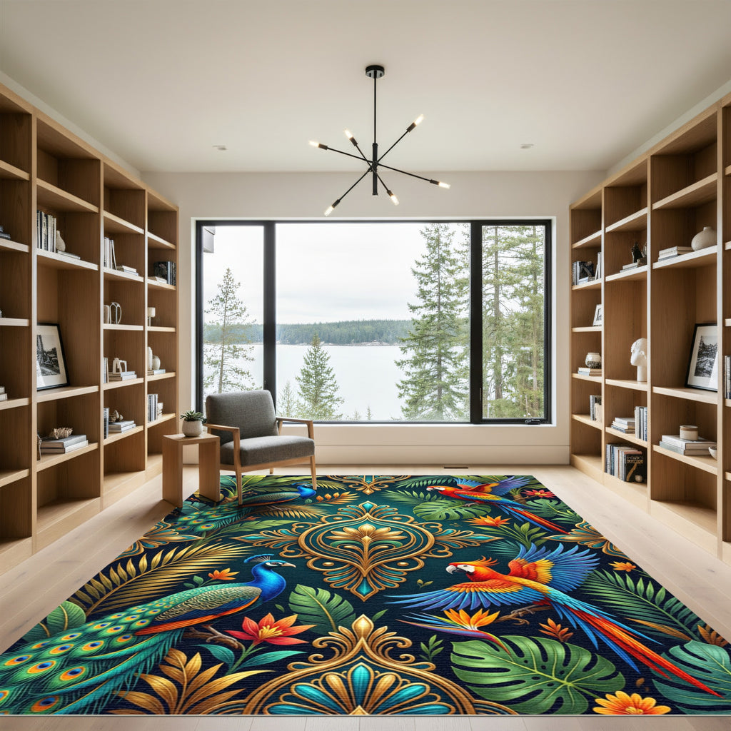 Vibrant Tropical Peacock and Macaw Medallion Rug