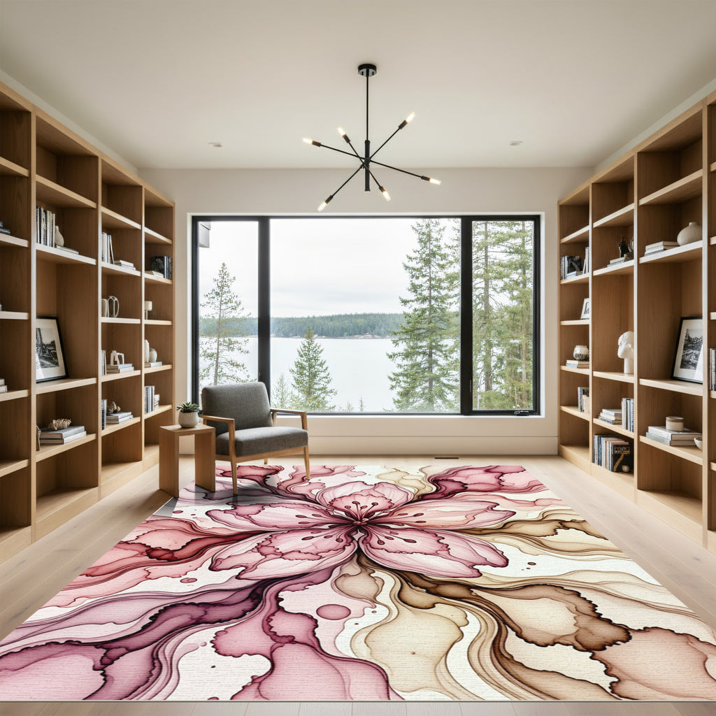 Ethereal Pink Cherry Blossom Ink Flow Rug