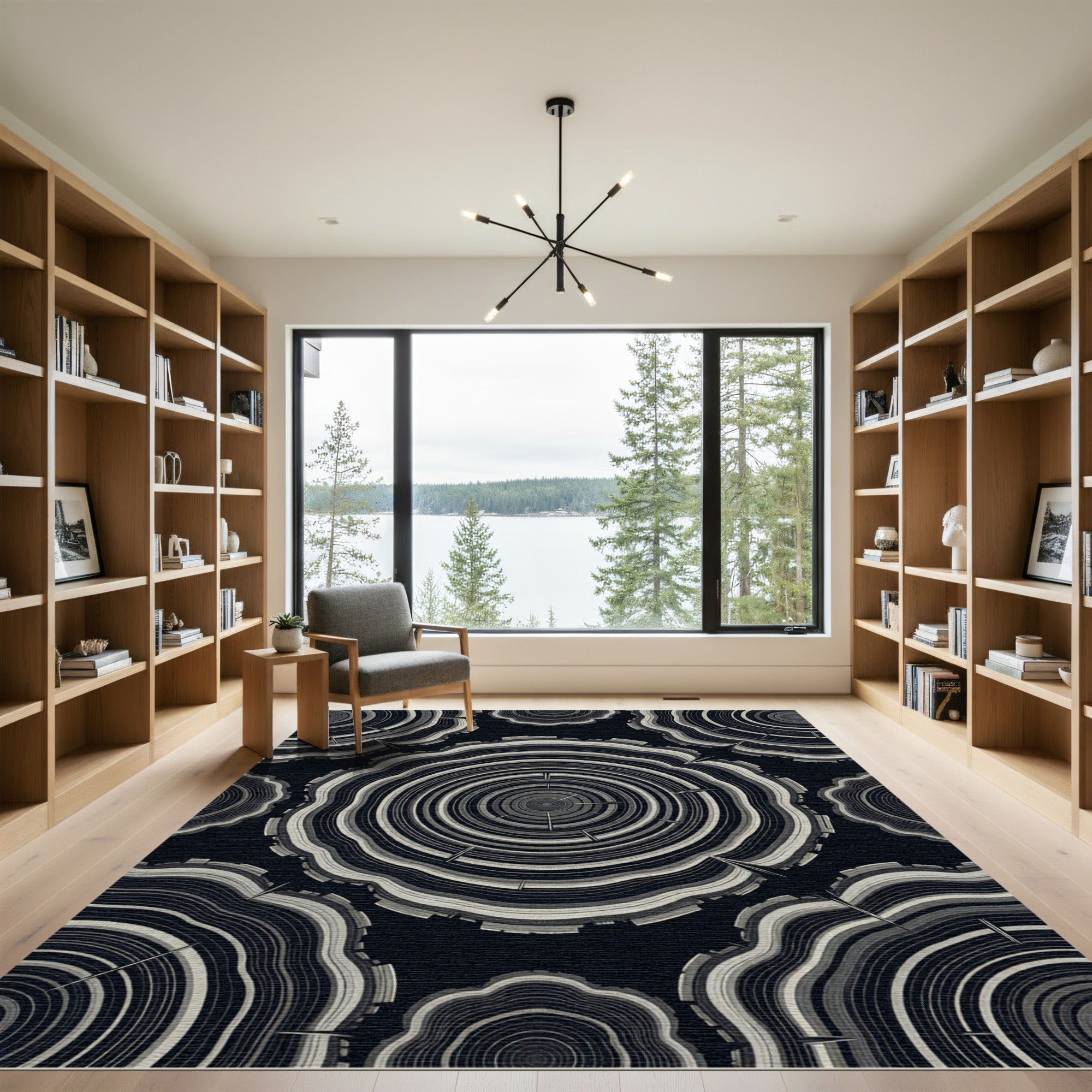 Monochromatic wood grain cross-section graphic Rug