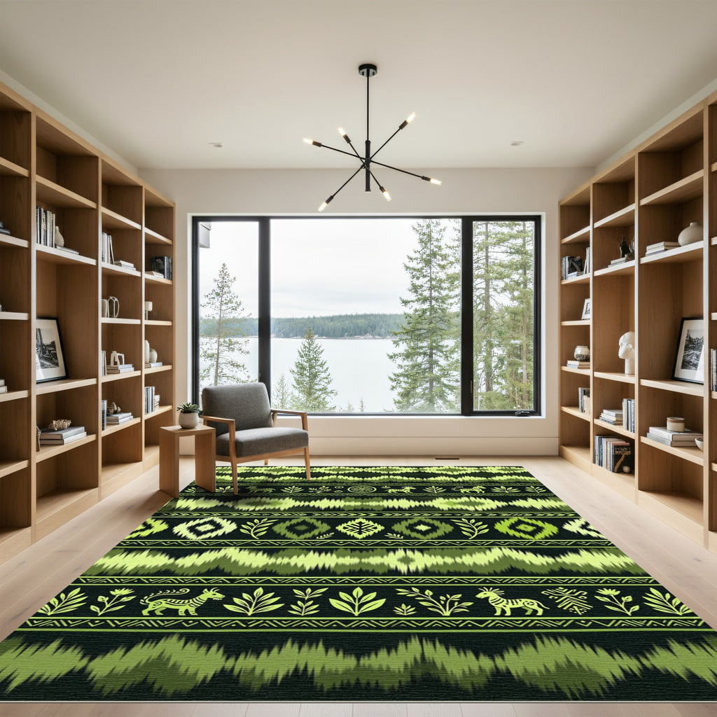 Green Ikat Tribal Animal Border Rug
