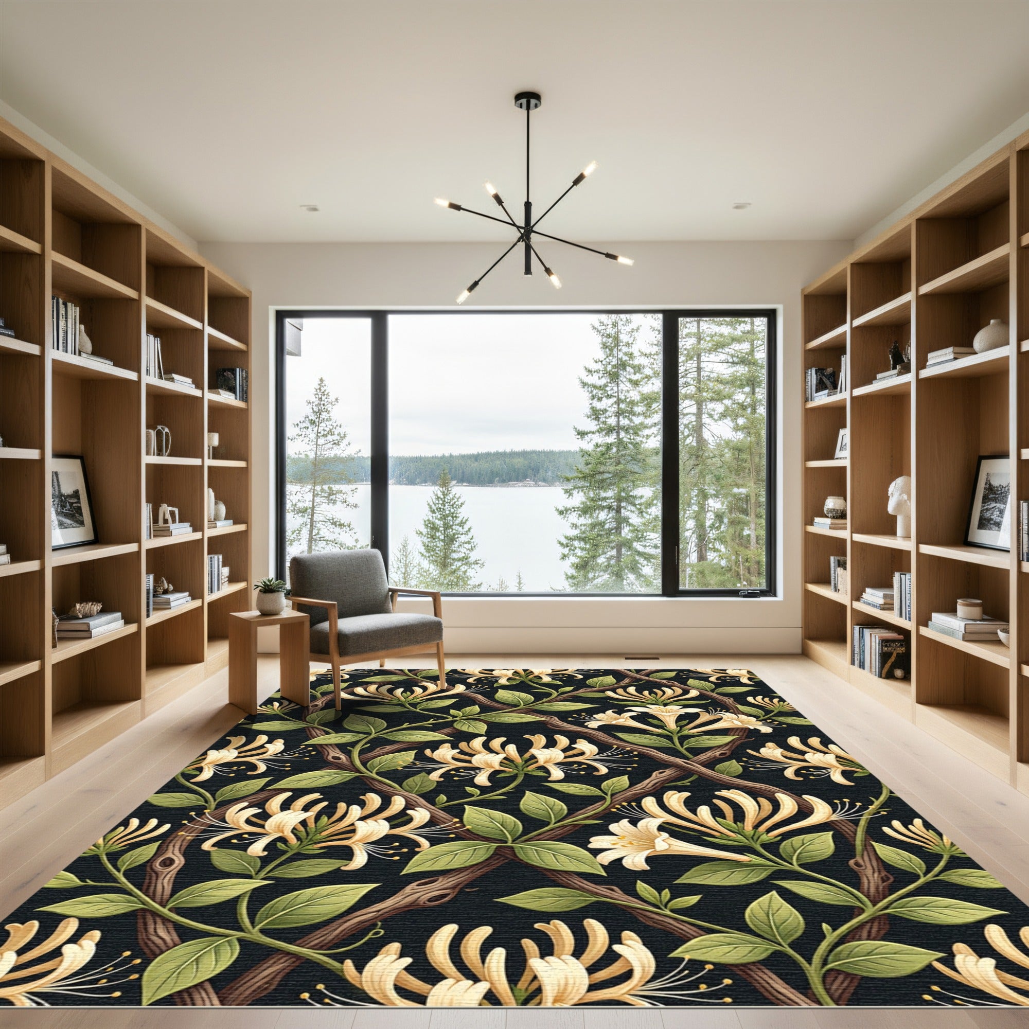 Cream Honeysuckle Botanical Trellis Black Background Rug