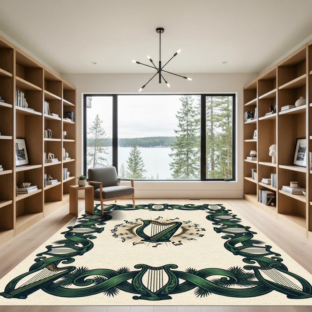 Ornate Emerald Harp Musical Border Rug