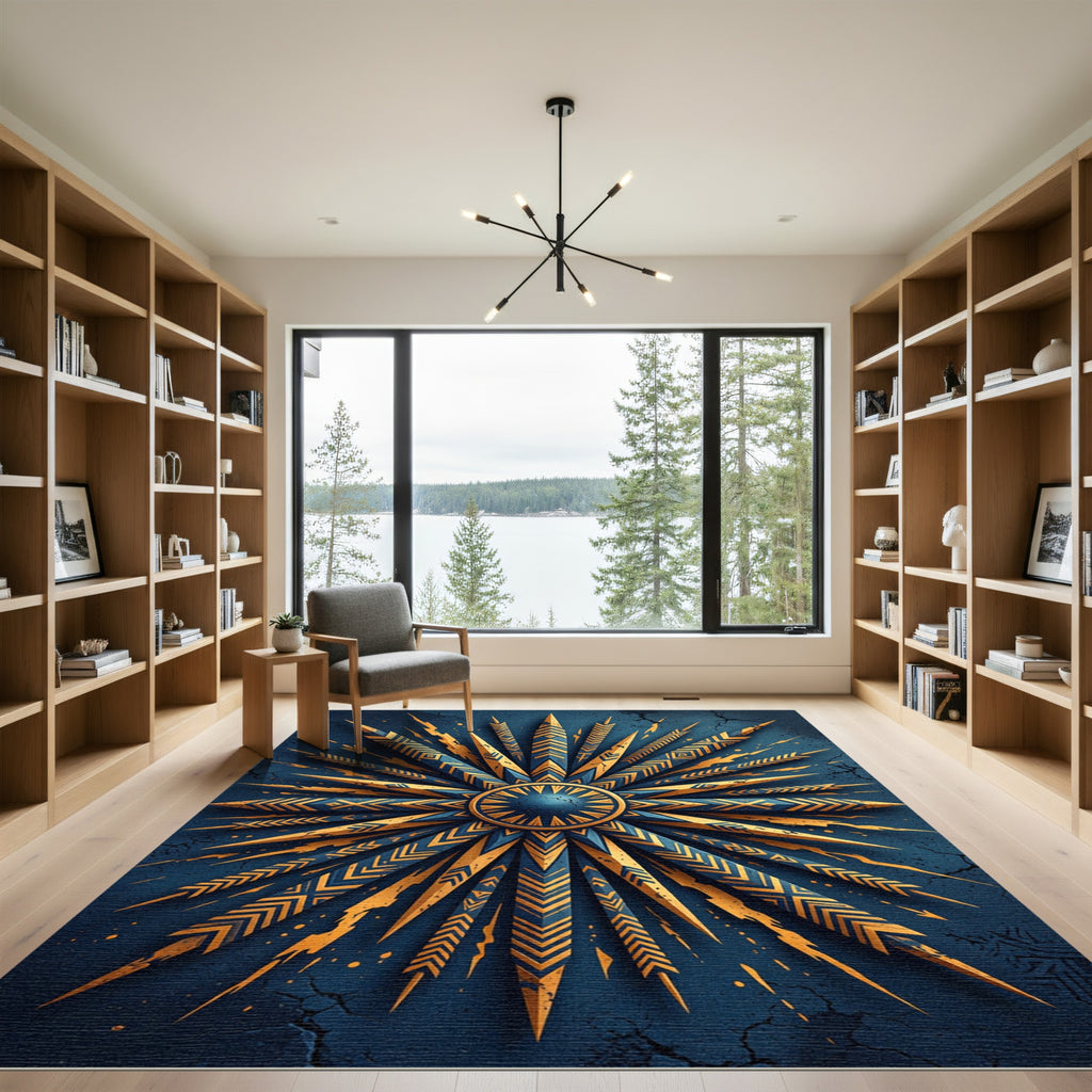 Golden Celestial Sunburst Navy Medallion Rug
