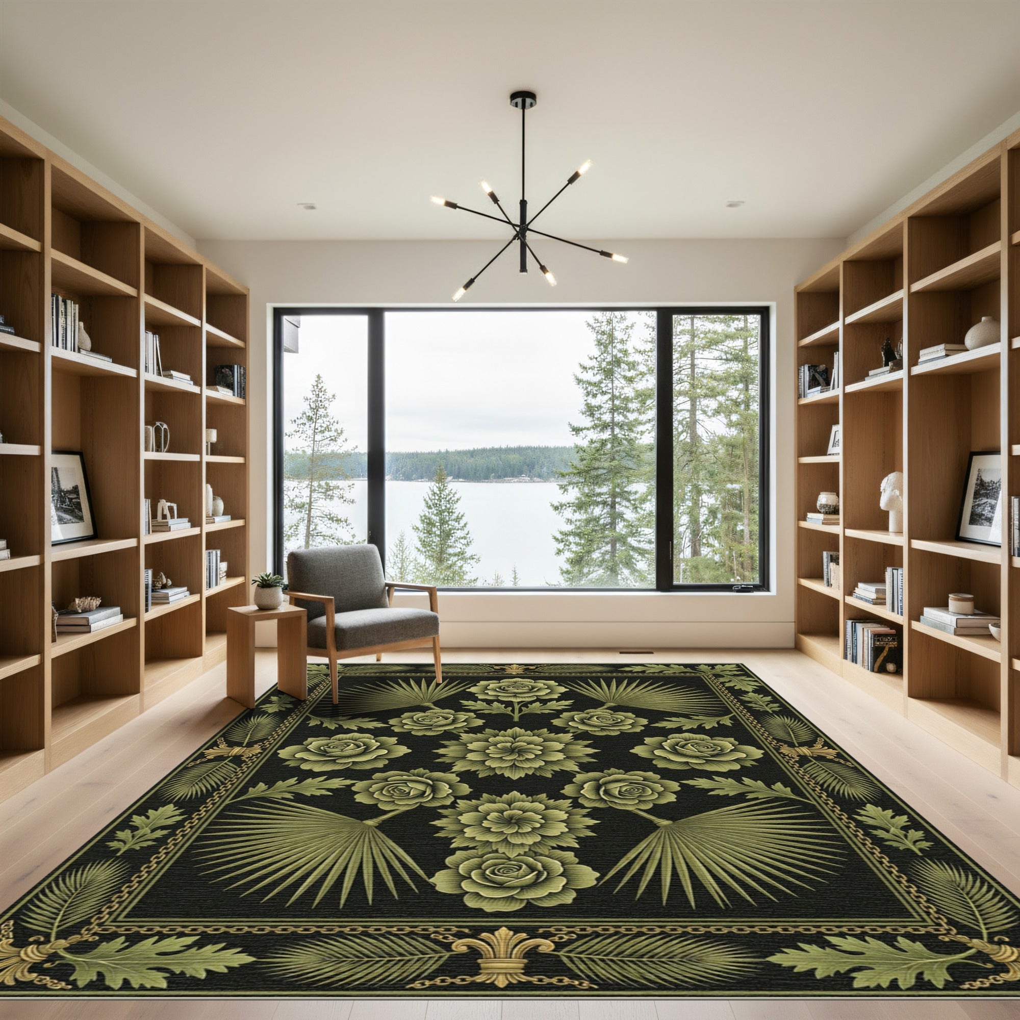 Olive Green Floral Fan Border Rug