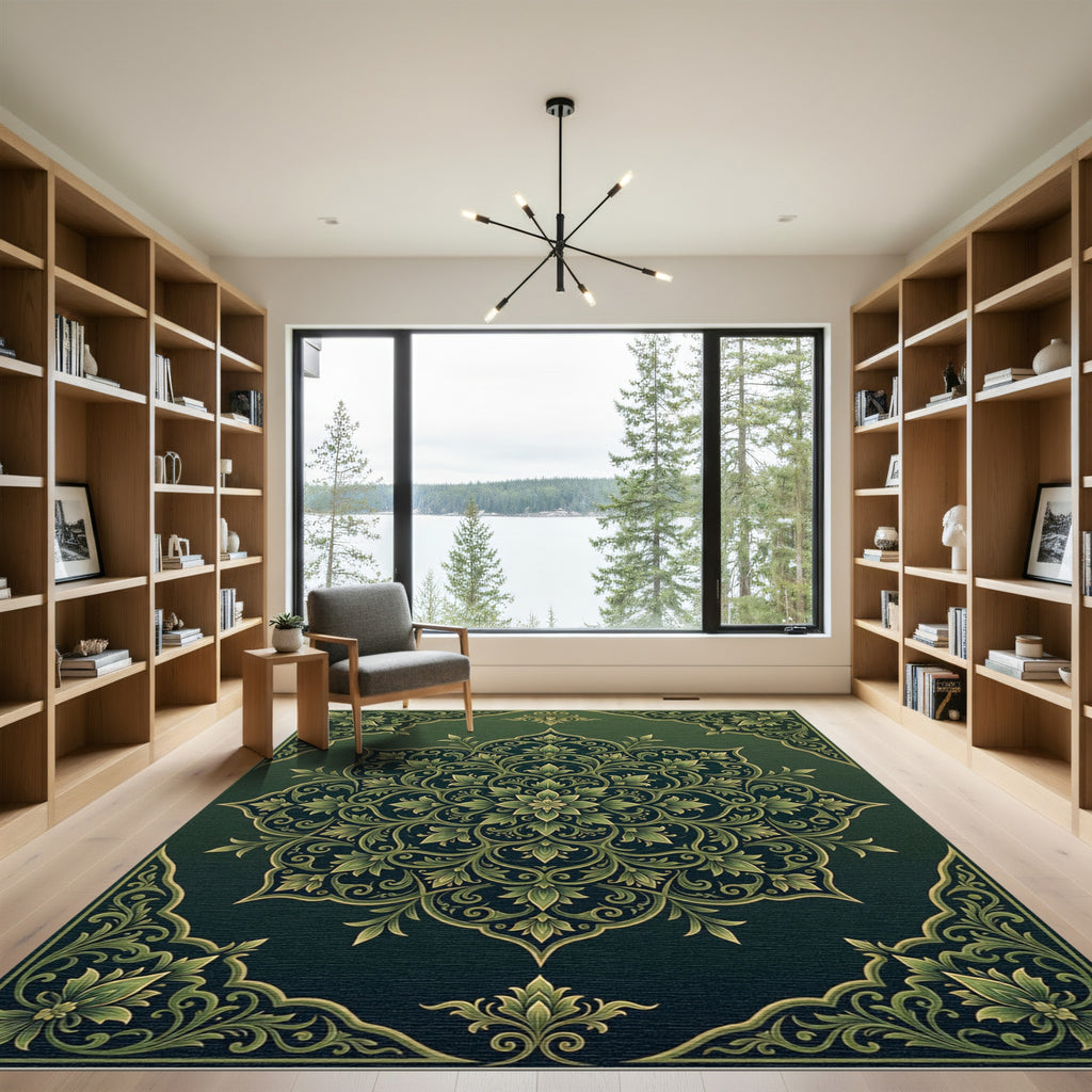 Ornate Emerald Botanical Damask Medallion Rug