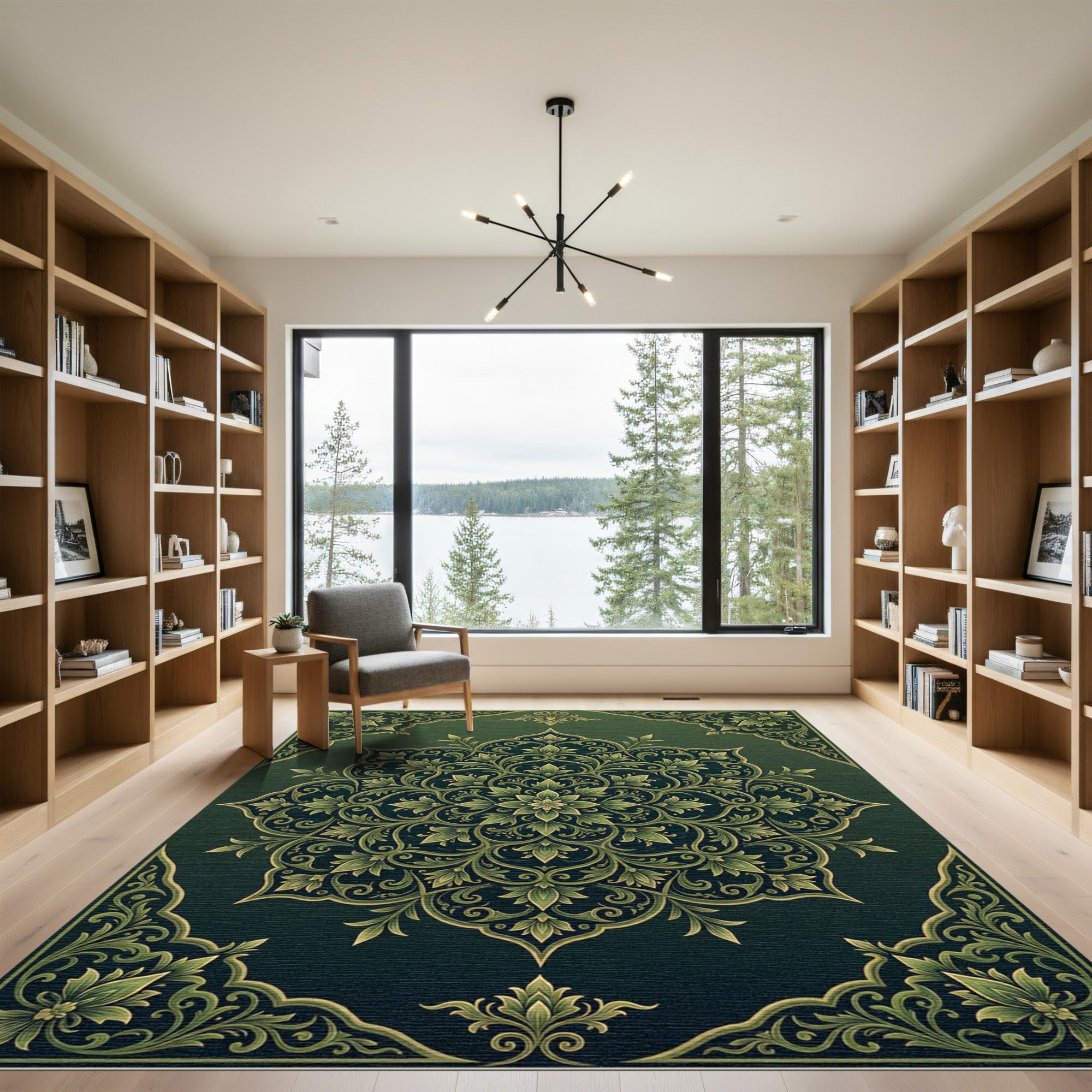 Ornate Emerald Botanical Damask Medallion Rug