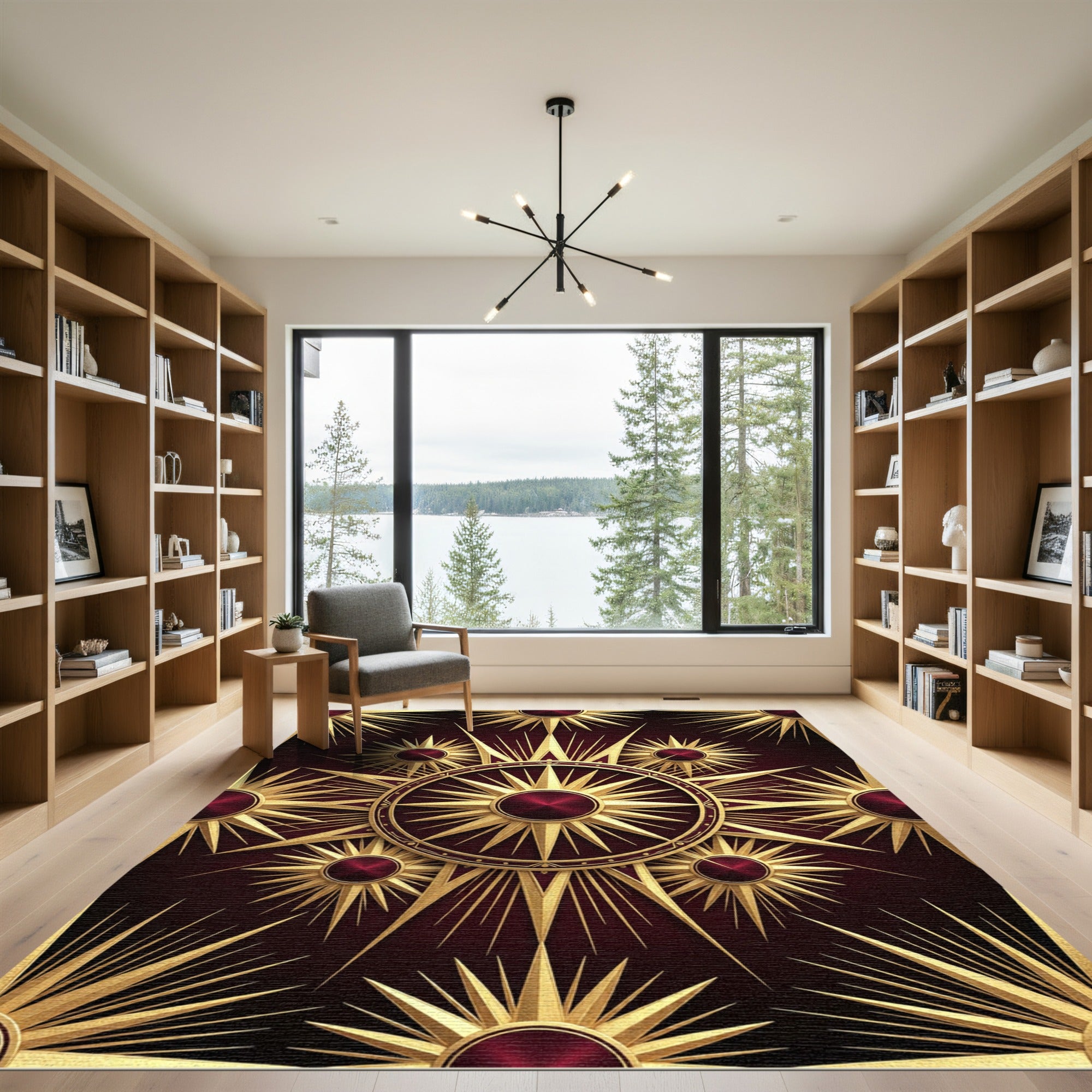 Gilded Crimson Sunburst Geometric Medallion Rug