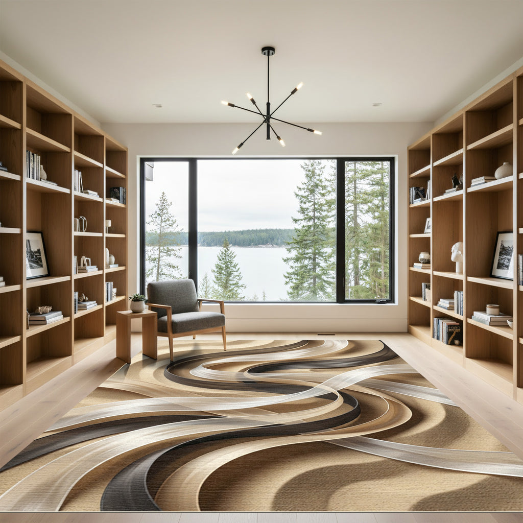 Minimalist Black and Cream Fluid Wave Rug