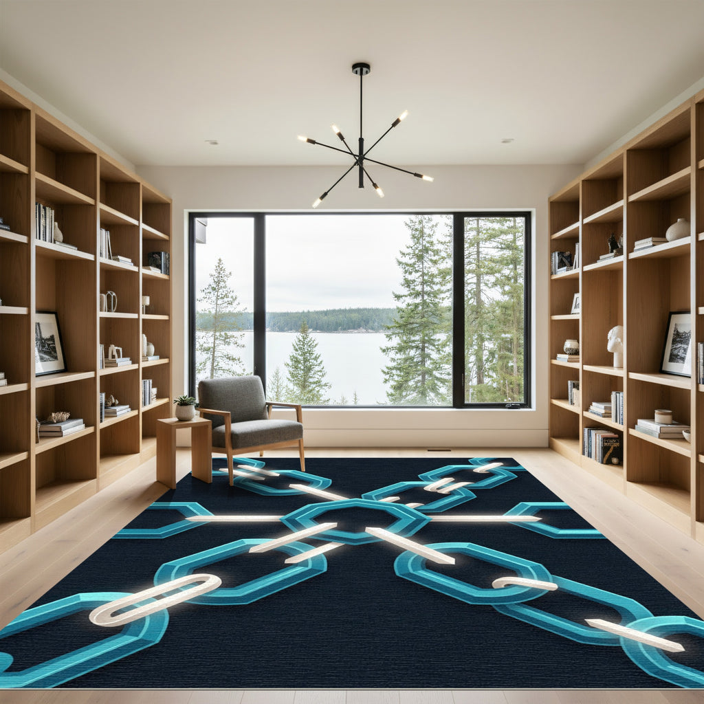 Geometric Teal Hexagon Interlocking Chain Art Rug