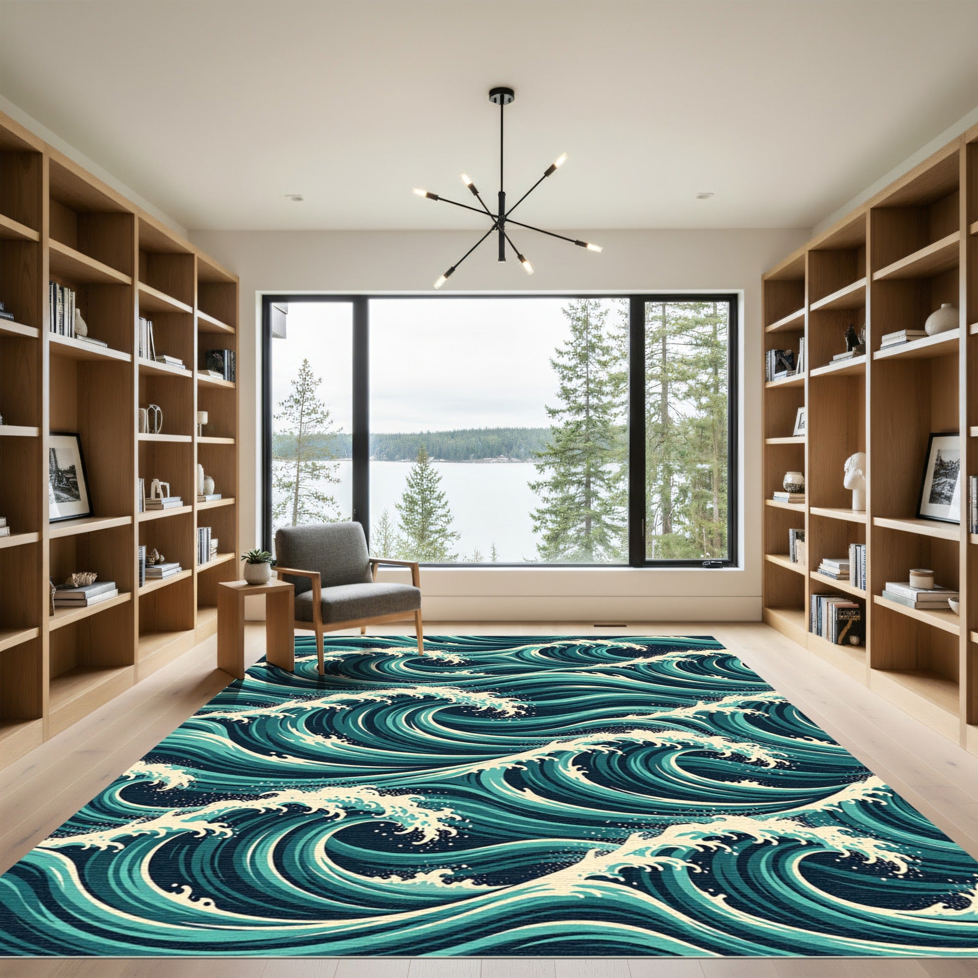 Japanese Teal Rolling Ocean Waves Rug