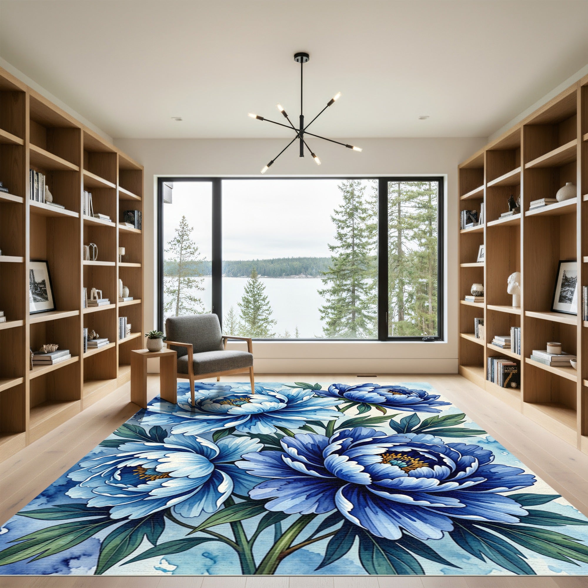 Elegant Blue Peony Floral Watercolor Composition Rug